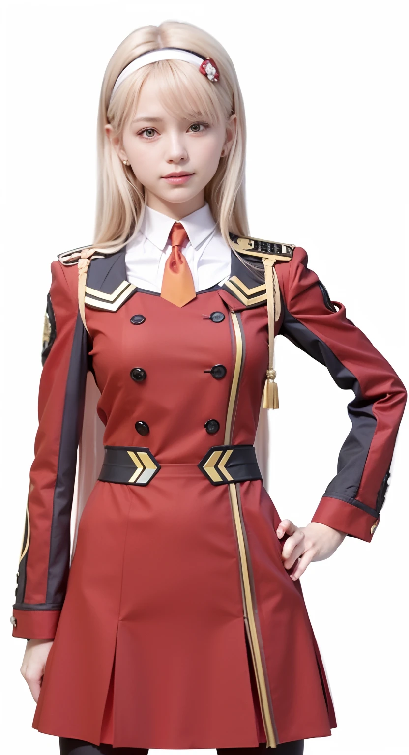 a close up of a person in a red dress and a tie, zero two, red uniform, wearing a red captain's uniform, jk uniform, full uniform, haruno sakura, uniform background, uniform, anime vtuber full body model, full body zenkai! asuka suit, as an anime character, high quality costume, crimson attire, official character art