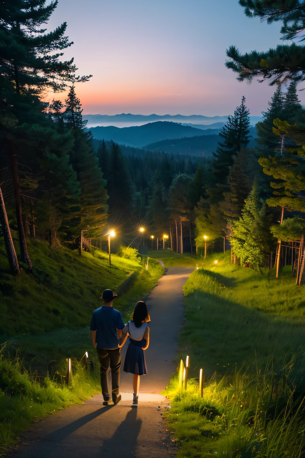 masterpiece level, Superb Style, Deep love between father and daughter, Elevated shot, The house is on the left side of the frame, the background is night, Dark blue, Starry sky, Very resilient and creative, Father in white vest and black pants smiles, Hands take a  girl, The girl has pretty dark hair, Grass and fireflies cover the lower part of the photo, And the tall pine trees on the right form the forest.