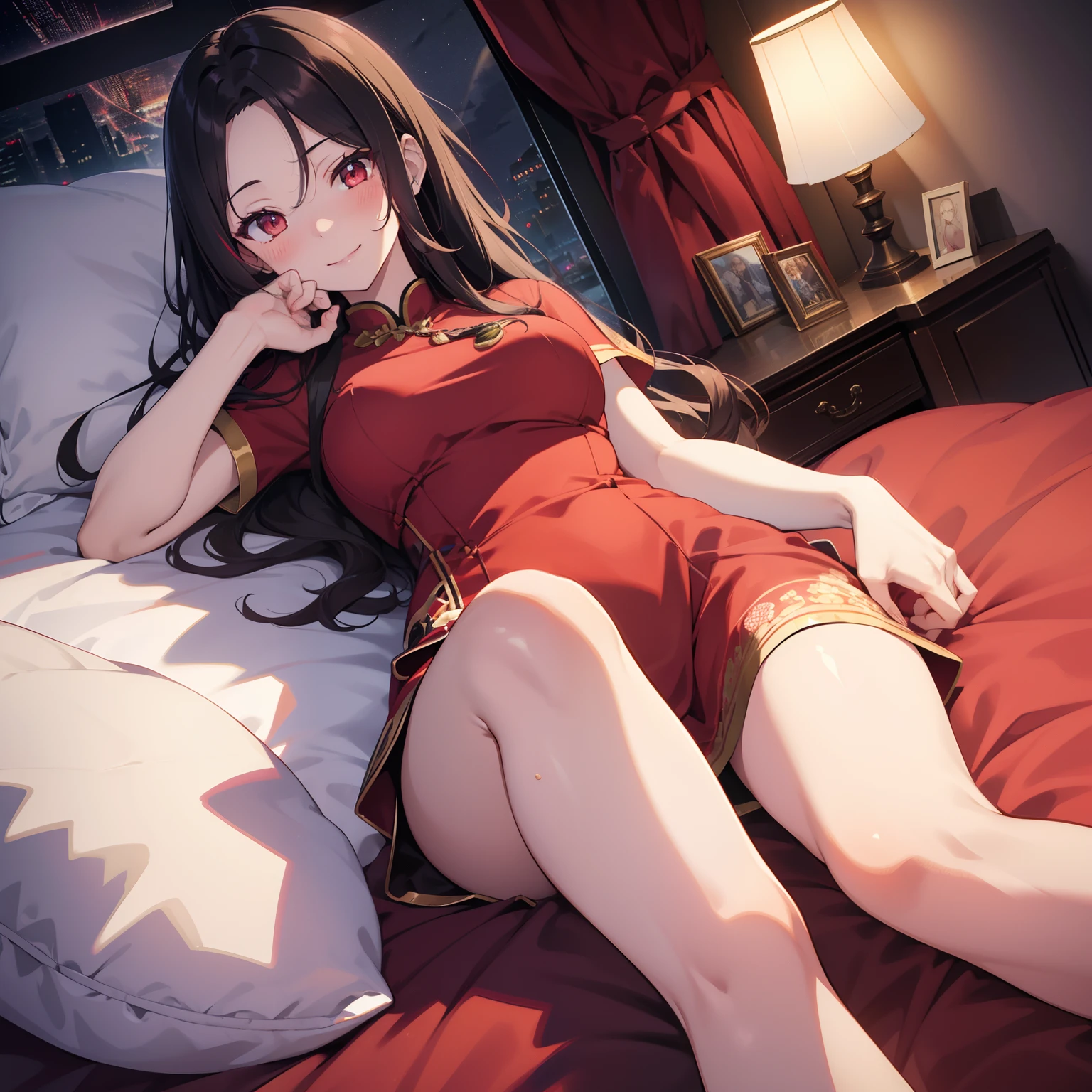 (masutepiece,Best Quality,8K),(extremely detailed CG1.1),teens girl,Smile,large boob,(From below:1.2),Intricate details , Hyper realistic, Perfect Anatomy,A dark-haired,Red Eyes,(((Forehead))),Permed hair with wavy hair,(((length hair))),Hair over one eye,hair slicked back,Full body,Blue cheongsam,blush,Happy smile,(((Bedrooms))),((Night view)),(chromatic abberation:1.3),Dynamic Angle,Looking at Viewer,Lie down