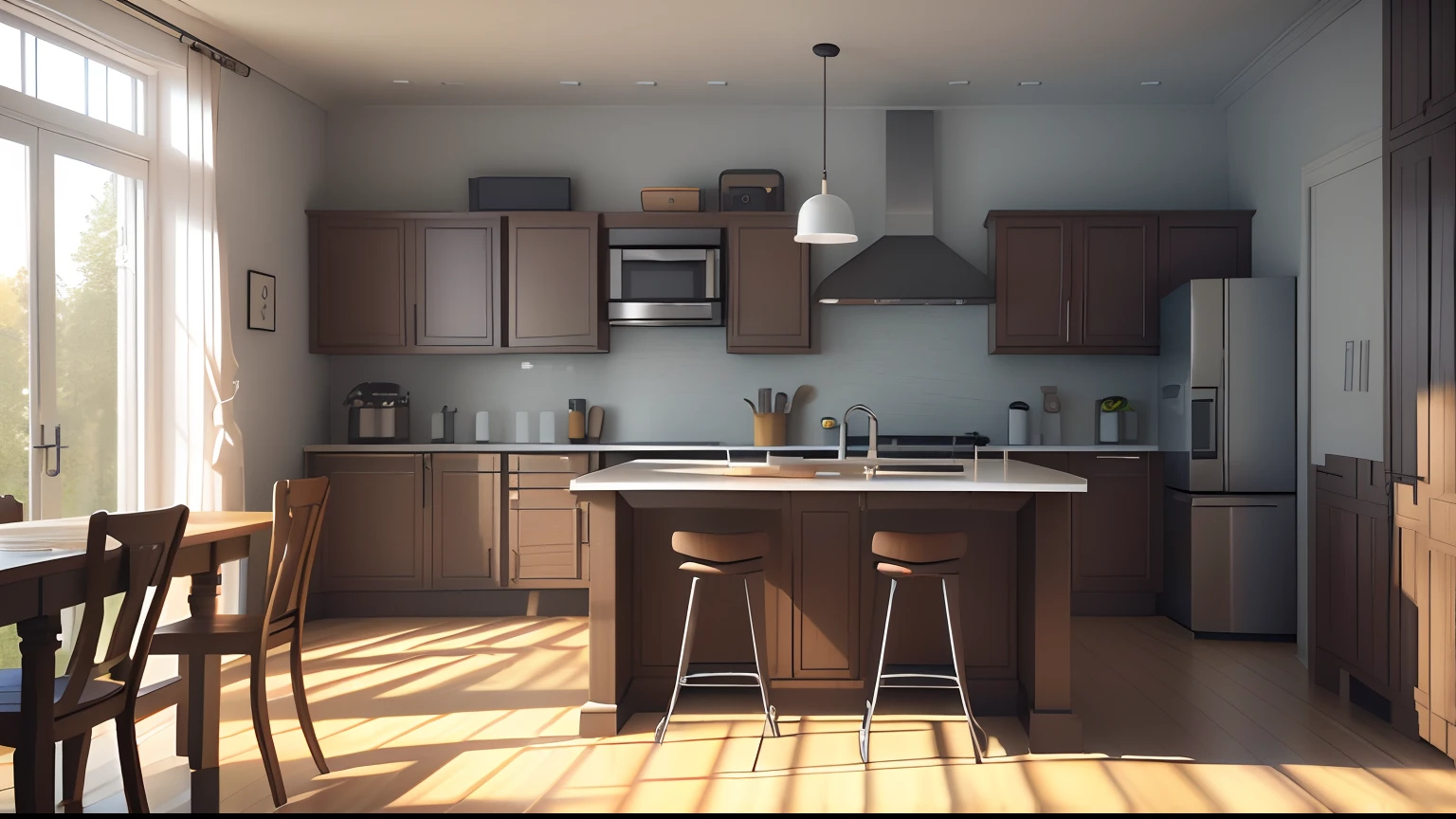 There is a kitchen with a table and chairs, rendered in 3 dsmax, Рендеринг в Unreal Engine 3D, very realistic 3 d render, high quality 3d render, high quality 3d render, Home cooking on a sunny day, highly detailed render, super realistic render vray, Semi-realistic render, Реалистичный рендер Cinema 4D, Very realistic render