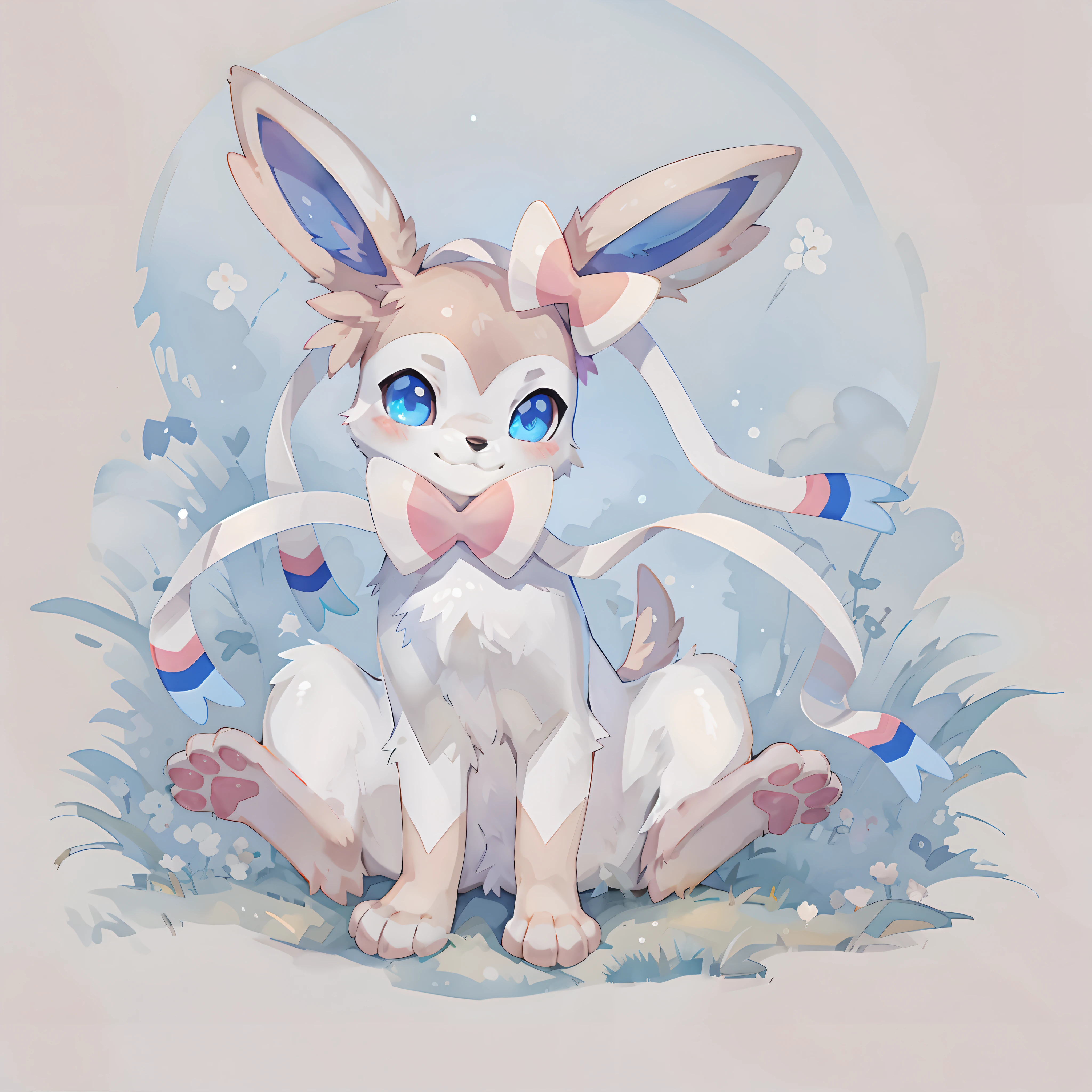 solo, (((quadruped, feral)))

front view, blush, shy, looking at viewer, blue eyes

lying, (on back), spread legs, pink pawpads

sylveon \(pokemon\), ((sylveon)), [[eeveelution, white body, blue eyes, white fur, fur, ribbons, pink_fur]]