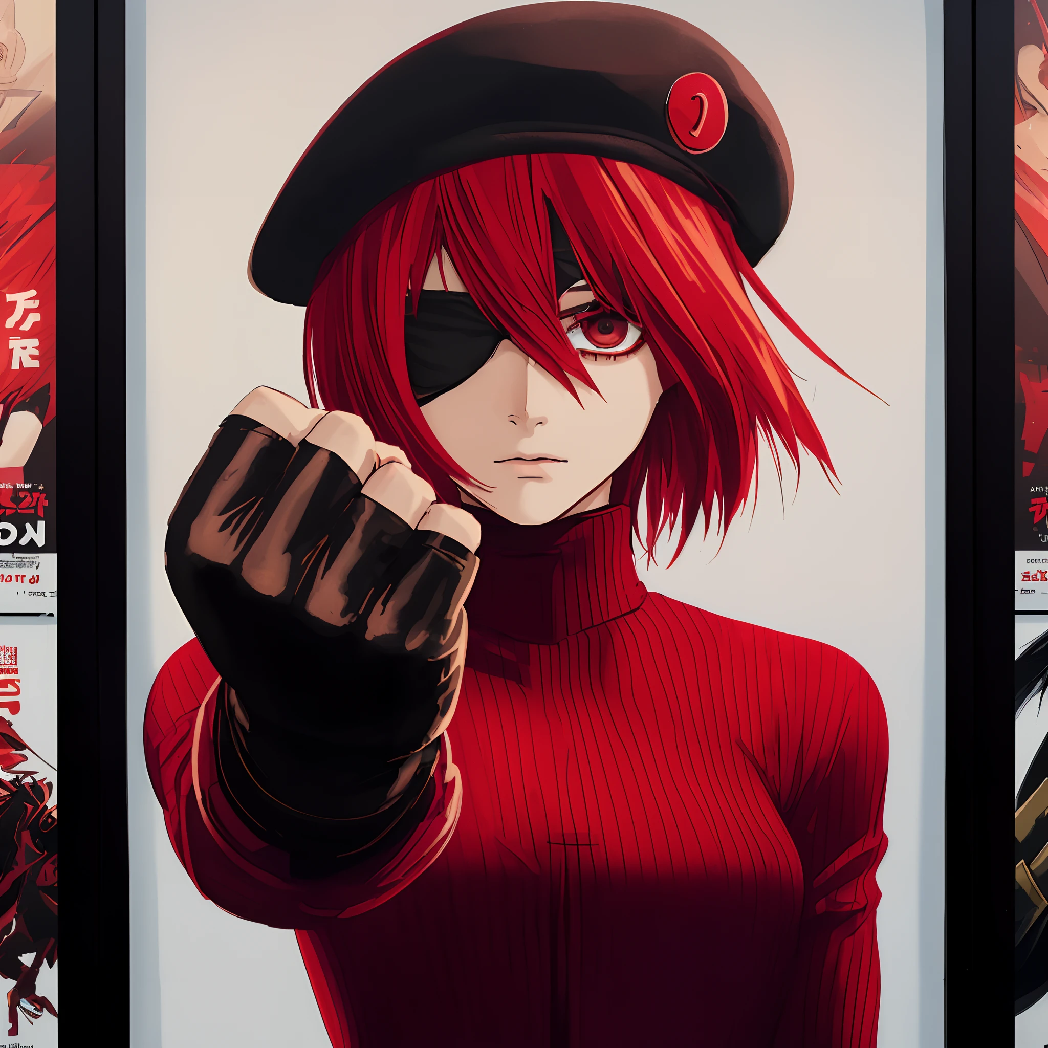 A movie poster showing a young androgynous person with shoulder length red straight bob hair, and red bangs covering their eyes, wearing a black beret, black eyes, an eyepatch on the right eye, red turtleneck, black fingerless gloves, black pants, raising one fist