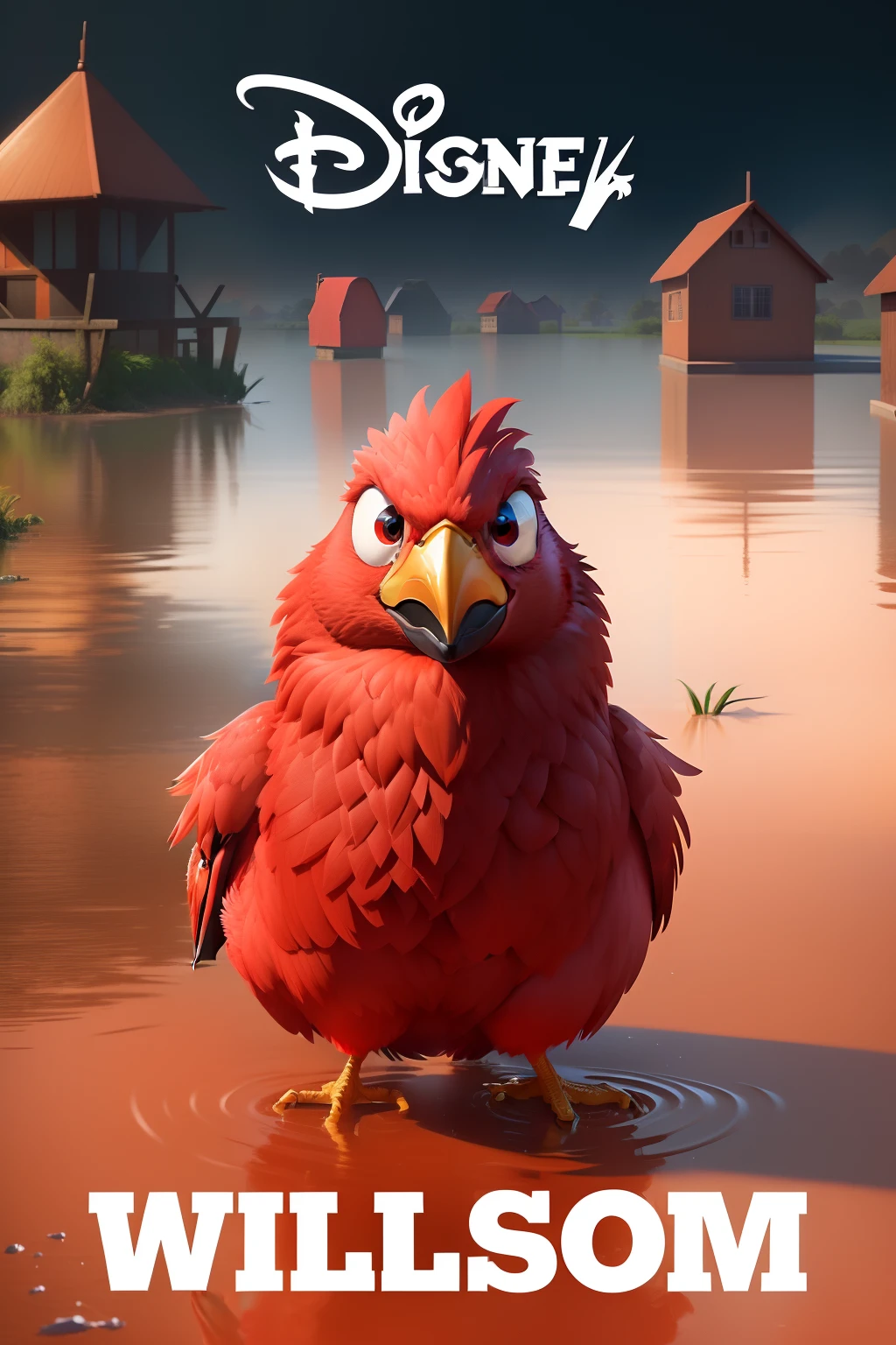 A closeup of a red bird in a puddle of water, irritado 8 k, Representado como um personagem da Pixar, Pixar's Renderman rendering, arrogant expression, renderizado no Unreal Engine 5, foto de perfil 1024px, Renderman da Pixar, Criado em Unreal Engine 5, Elmo em Fortnite, frango antropomorfizado, animated film, O Rei do Galo
