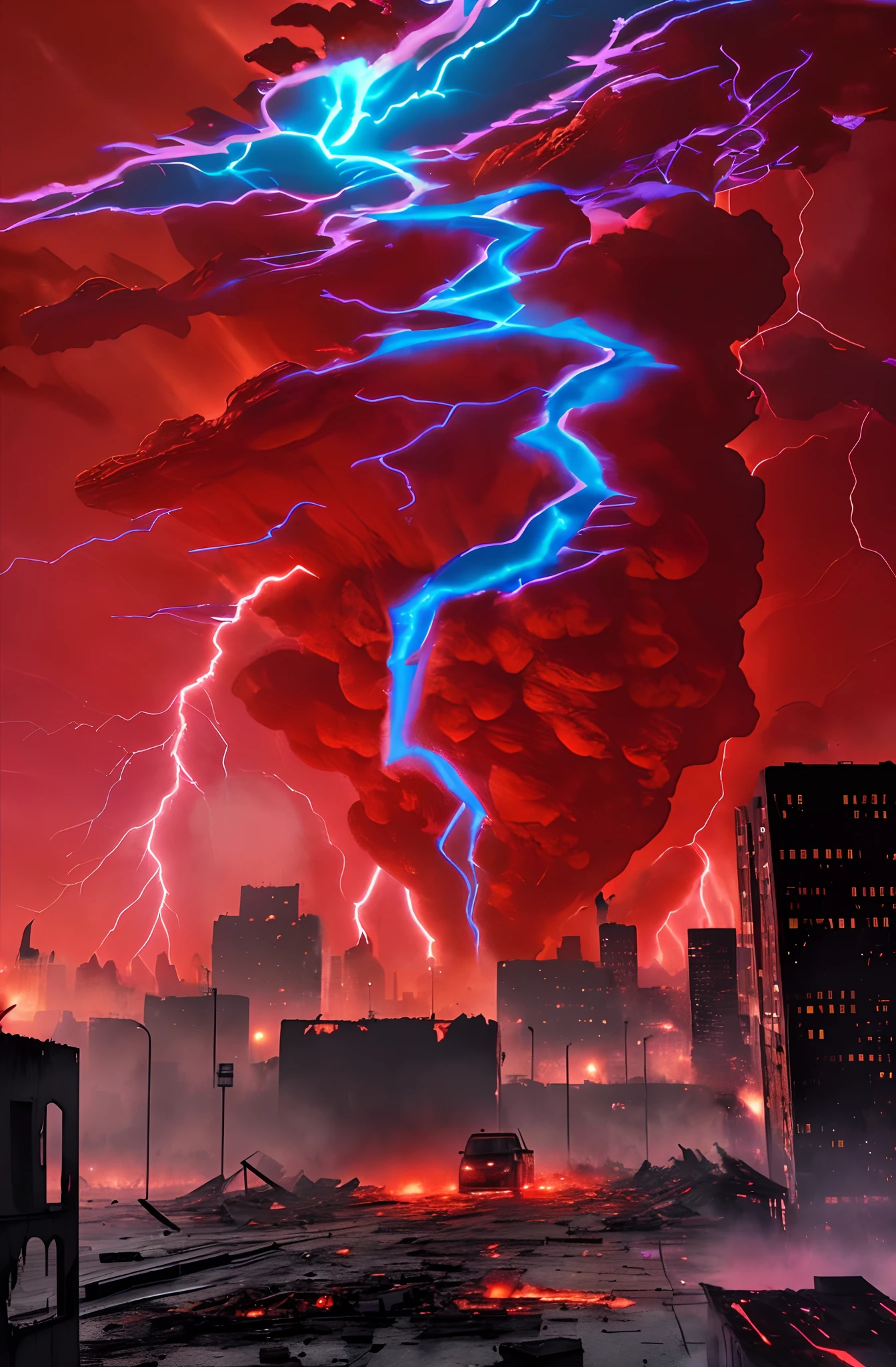 City being destroyed by an extremely violent red storm, Dark mist through the streets and burnt buildings