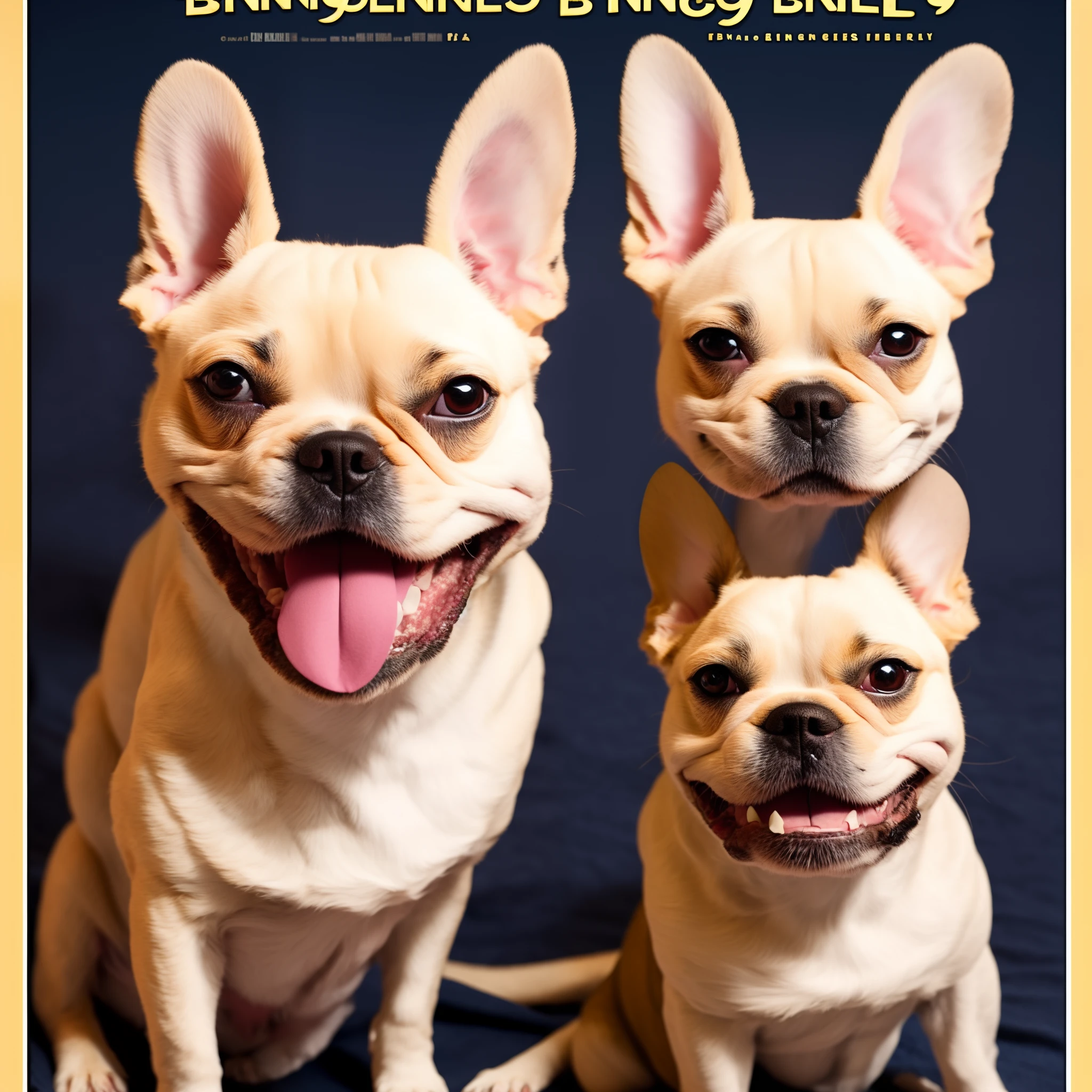 Pixar inspired movie poster titled “Bingley” with a happy blonde french bulldog with a brown nose, blonde face, and white chest