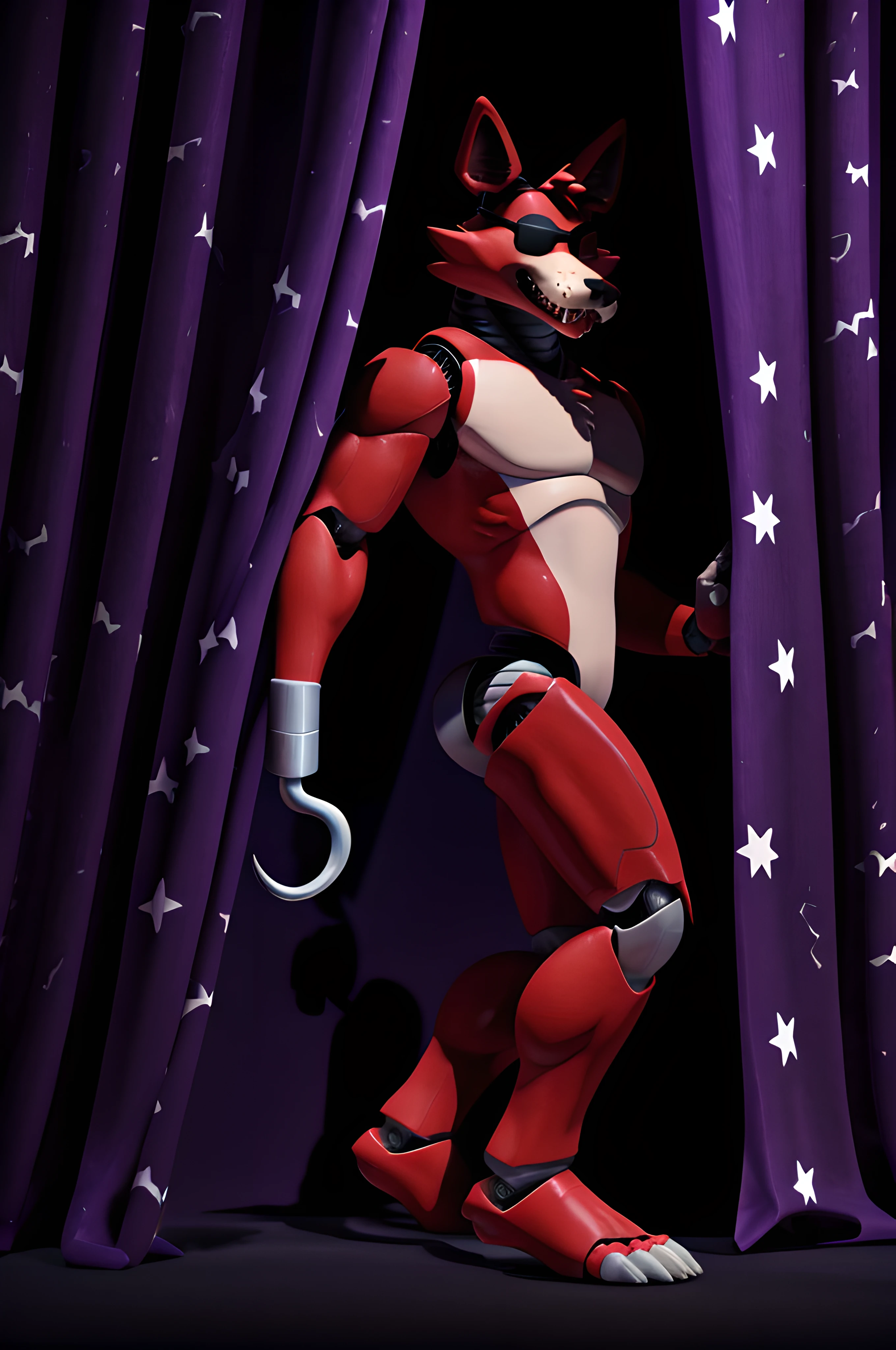 foxy, figma, robotic, robot body, male, masculine, 4k, high resolution, detailed, correct anatomy, (short proportions:1.1), (dark background, purple stage curtain with white star pattern:1.2), (by wfa, by negger:0.5), negger anatomy, eyepatch, detailed hook hand, robot hand, (standing in shadows, dramatic shading:1.3), teeth, robot feet, correct lighting, correct shadows, detailed, detailed fur, realistic shading, cgi, 3d render, single glowing eye