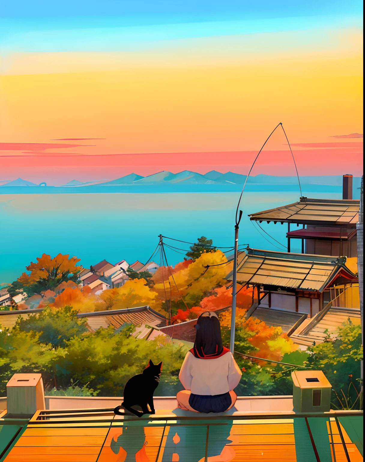 There is a woman sitting on a shelf with a cat, ehime, japan shonan enoshima, kamakura scenery, by Nishida Shun'ei, by Central Plains Nantianfang, by Maeda Masao, beautiful iwakura, by Naondo Nakamura, by Rei Kamoi, by Miyamoto, by Kamagurka