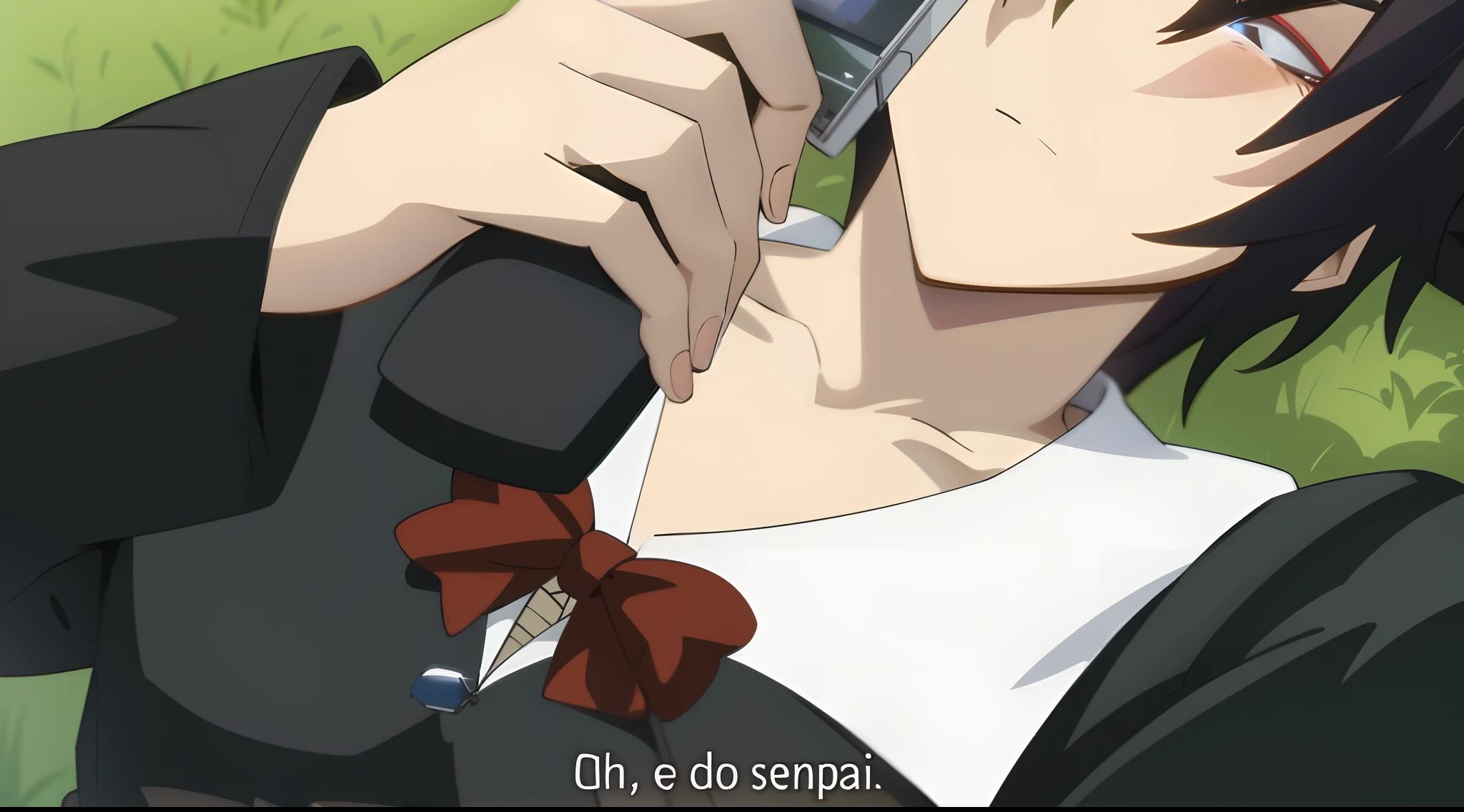 Mulher de anime falando em um celular com uma gravata borboleta, cuta anime, FLCL + Golgo 13 :10, Otaku Gangasta, gendo ikari smoking a joint, ( ( ( Yoh Yoshinari ) ) ), Yaoi, detalhes finos. anime. Peles, cena de anime, screencap anime, em um anime, captura de tela do anime