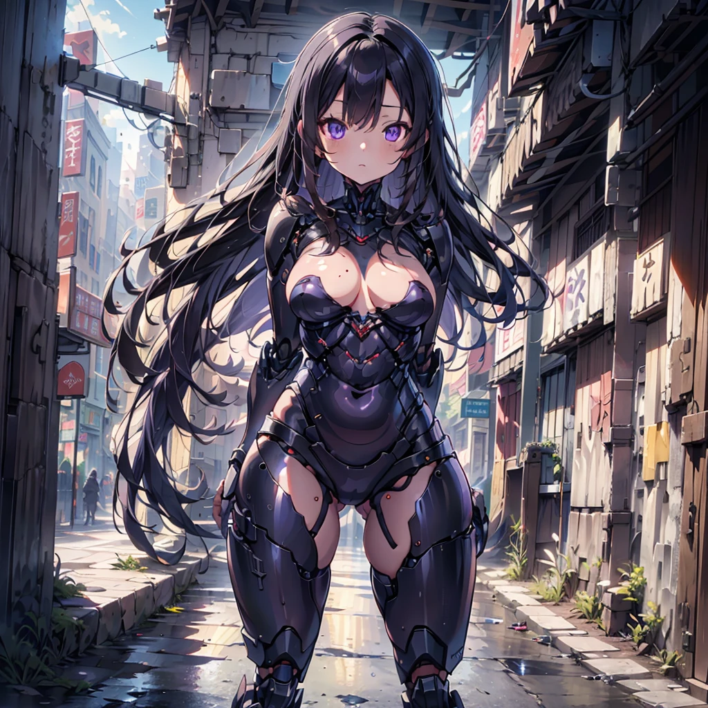 (8k), (hyper detailed), (ultra quality), (masterpiece), (anime), (detailed machine), (beautiful girl), (beautiful background), (beautiful body), petite, small breast, slim legs, silky black hair, extra long hair, voluminous hair, detailed beautiful purple eyes,cape, fusion robot, (mechanical armored), machine raped