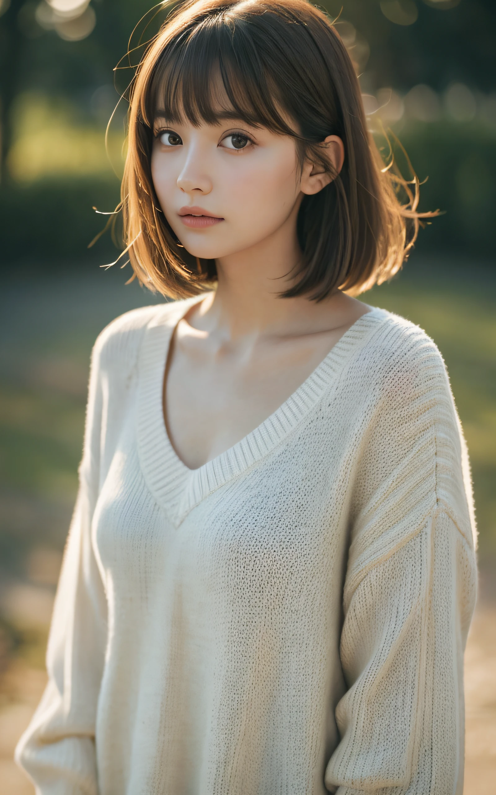 masterpiece, Best Quality, 8K, 20 yo, Large breast, cuddly, Solo, sad, Cute, Girly, Delicate girl, Neat and clean beauty, Raw photo, Professional Photography, Portrait, Soft light, Professional Lighting, Back lighting, Upper body, Looking away, Sophisticated, Film grain, (Eyes and faces with detailed:1.0), short length floating hair, beautiful flowing hair, bangs, sweater,