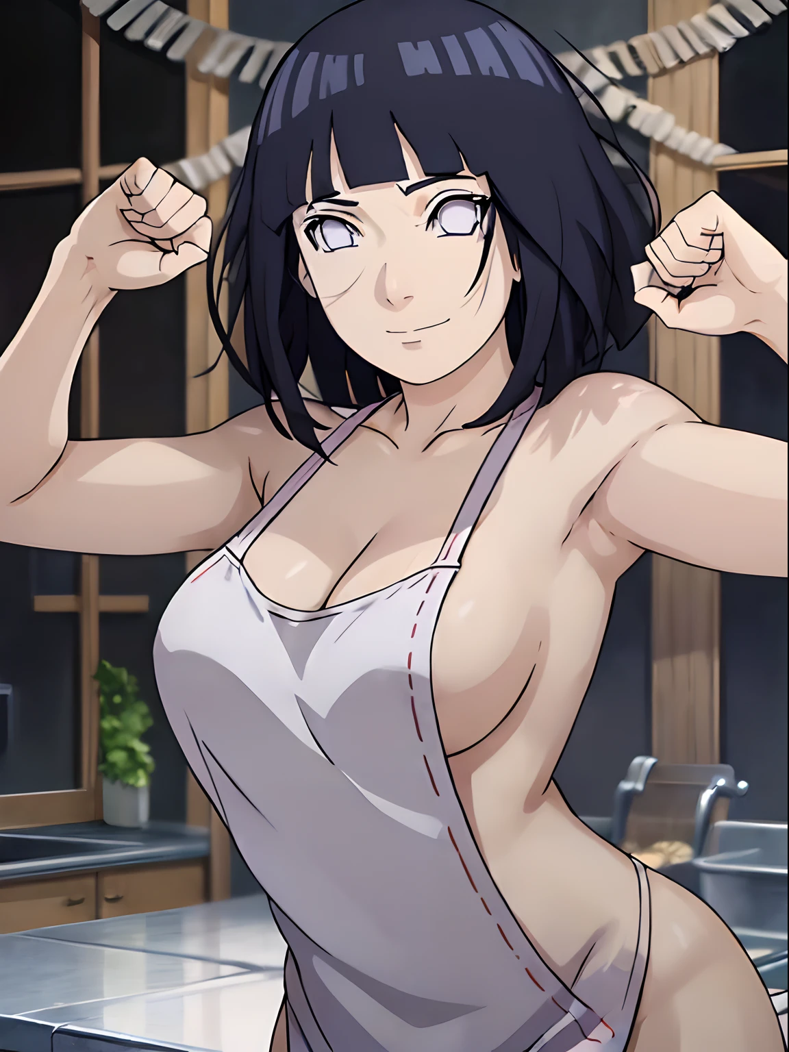 ((thick arms)), , , anime style, cute , beautiful , nice body, soft body, (hinata\(boruto\),  (slender body), mature woman , broad shoulders, off-shoulders, (naked wearing white  apron only,  bare arms, bare hands), smile, closed mouth, pale skin, , smile, (dark blue hair color:1.1), wavy hair, floating hair, ((very short hair, hime cut), big breasts, (closed fists), , (perfect eyes, white sciera, bright eyes, white eyes, anime eyes)