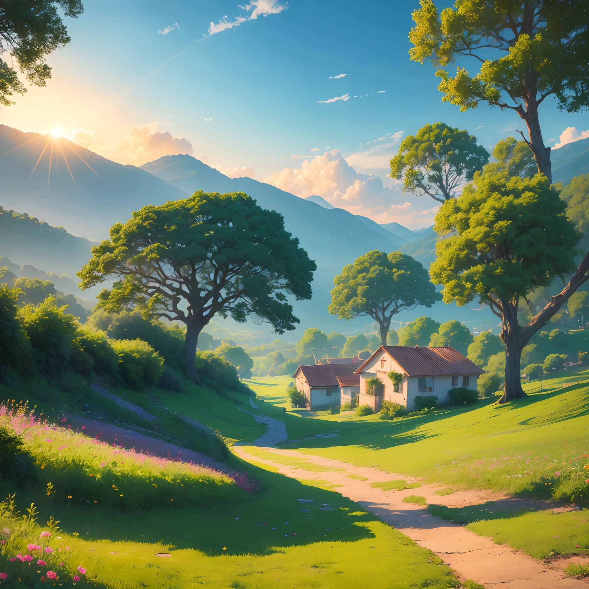 Com flores enormes, Campos de Flores Colinas, Large trees, Dramatic Sunrise Rays, pinturas impressionistas, nuvens coloridas, pinturas digitais, Pontilhismo, art stations, Simon Starlenhaag