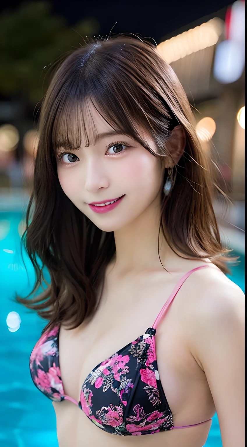 masutepiece, Best Quality, Illustration, Ultra-detailed, finely detail, hight resolution, 8K Wallpaper, Perfect dynamic composition, Beautiful detailed eyes, Wearing a black pink bikini swimsuit,Medium Hair,Natural Color Lip, Bold sexy poses,Smile,Harajuku、20 years girl、Cute、Sexy shot looking at camera、Blurry night pool background