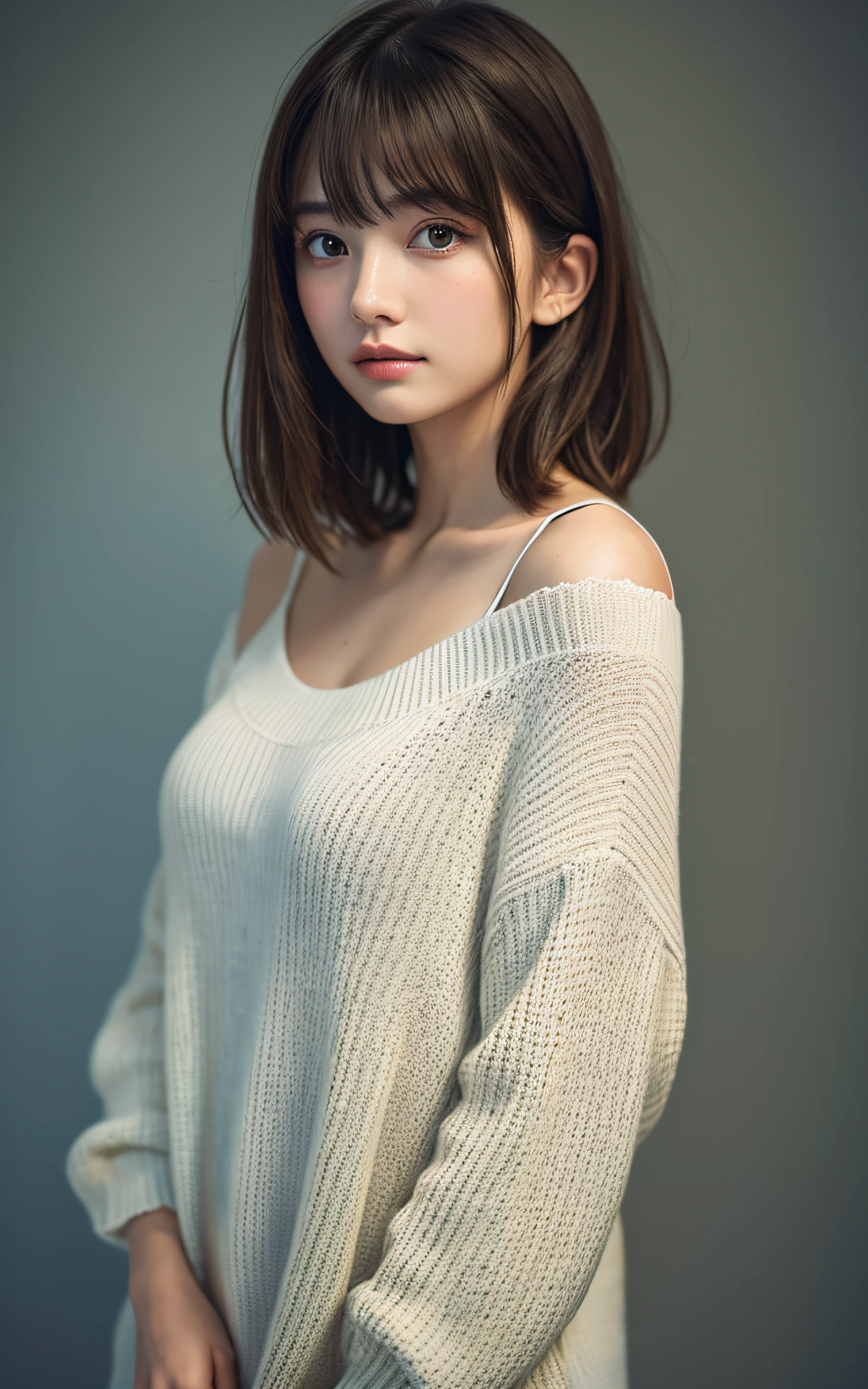 masterpiece, Best Quality, 8K, 20 yo, Large breast, cuddly, Solo, sad, Cute, Girly, Delicate girl, Neat and clean beauty, Raw photo, Professional Photography, Portrait, Soft light, Professional Lighting, Back lighting, Upper body, Looking away, Sophisticated, Film grain, (Eyes and faces with detailed:1.0), short length floating hair, beautiful flowing hair, bangs, sweater,