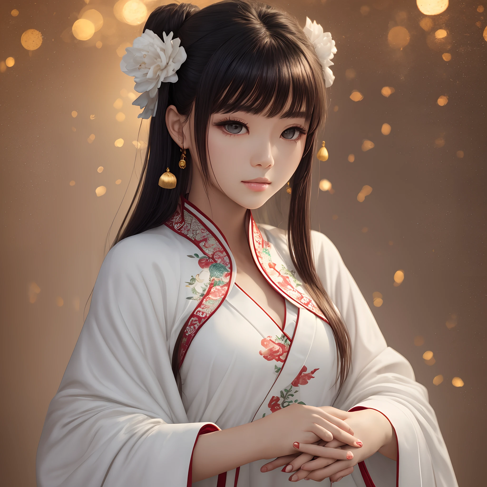 Young woman in ancient China，Taoist，had his hands folded，Bunched hair，Wearing a light white robe，Background bokeh，delicated face，Perfect face shape，handsome，Perfectly matched colors for ancient Chinese young men，Wearing a light white robe，Handsome face，Delicate looks，Perfect silhouette，had his hands folded，Warm colors，Deep eyes，simple backgound，Background bokeh --auto --s2