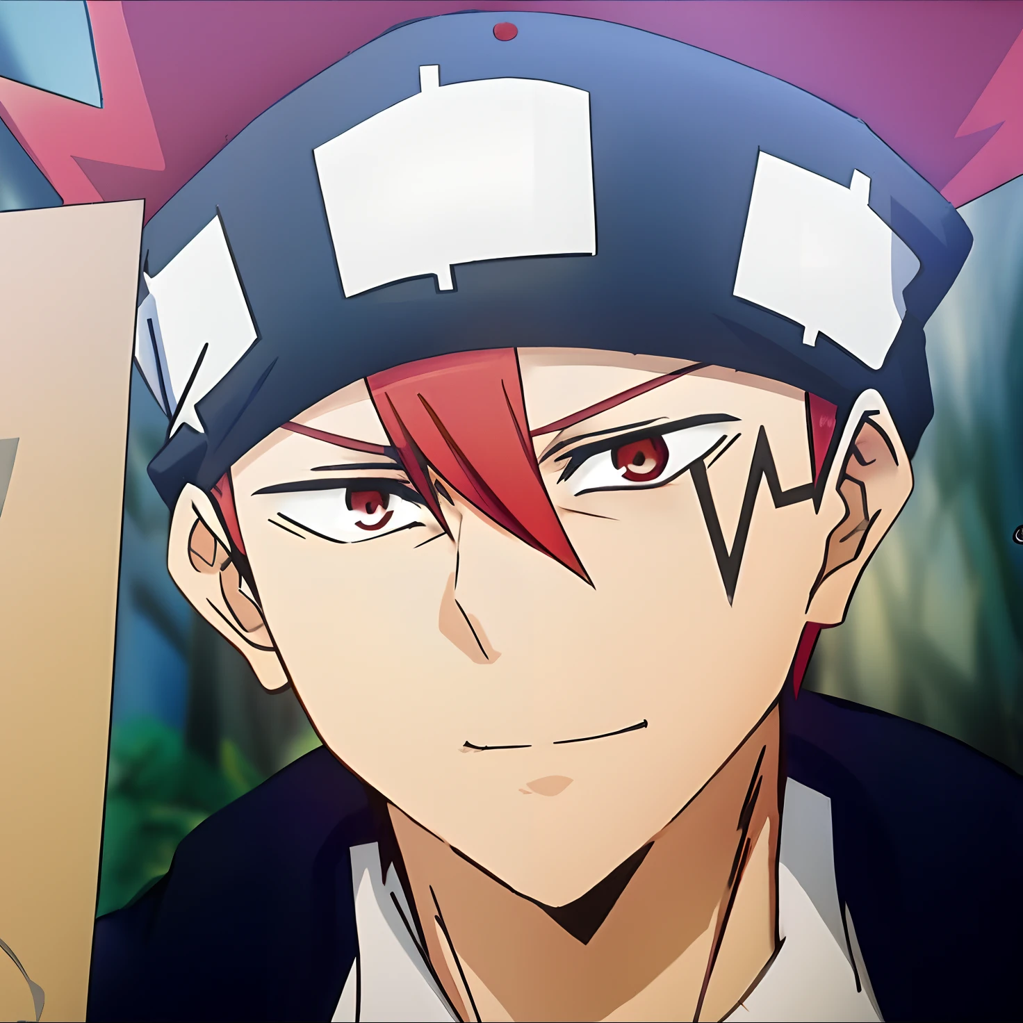 anime character with red hair and black hat with white and red eyes, otaku gangasta, inspired by Ryūsei Kishida, sankakucomplex anime image, today's featured anime still, orange - haired anime boy, name of the character is chad, okabe rintarou, roguish smirk, trigger anime artstyle