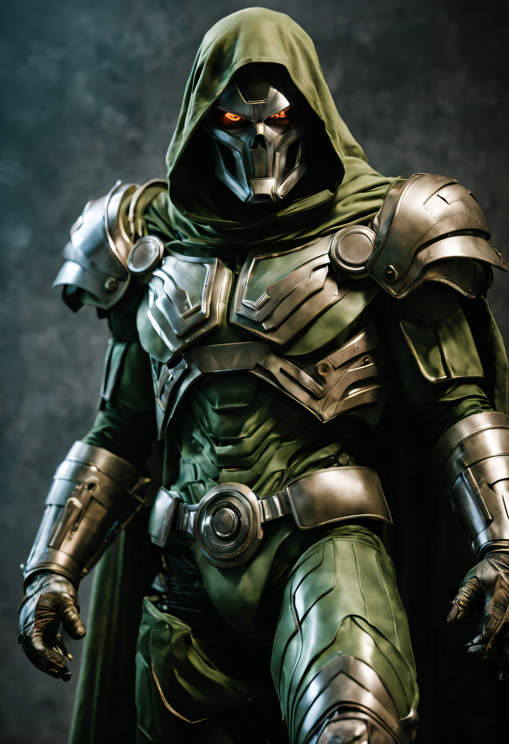 Marvel character Dr. Doom. classic costume. Studio photograph. Film Grain. armor scratches. blood veins in eyes. Low angle. High quality, highly detailed. full body shot