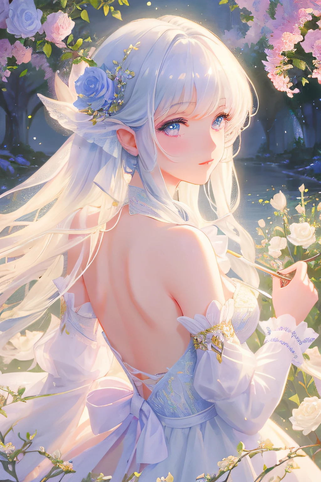 (​masterpiece、8K、top-quality)、(Soft light:1.2), Smile, Detailed face, Dress, beautiful fantasy art, dreamy and detailed, very magical and dreamy, fantasy beautiful, very beautiful fantasy art, ethereal beauty, beautiful detailed fantasy, beautiful digital works of art, landscape, palatial palace, Back Light, Many flowers