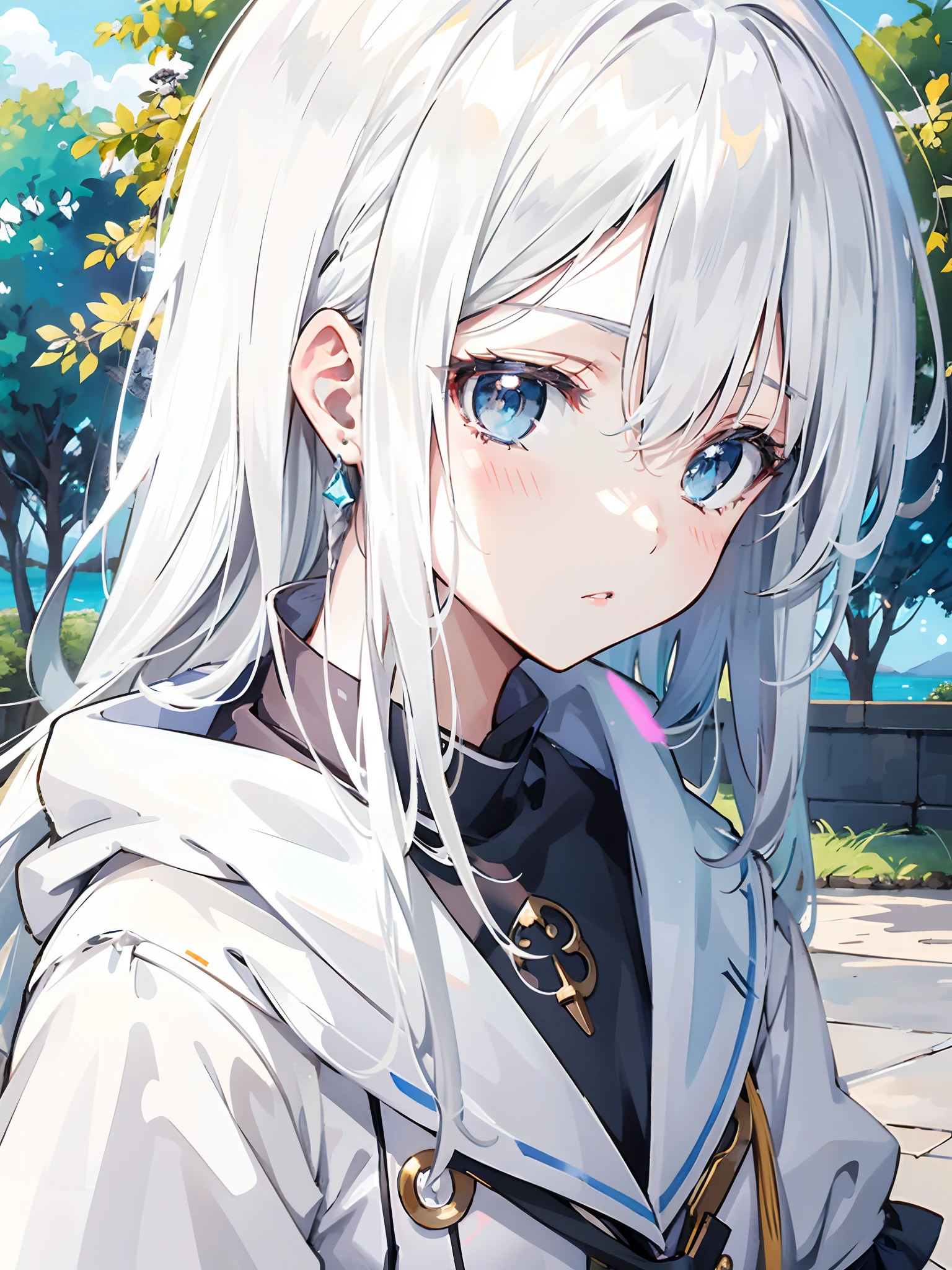 Anime girl with long white hair and blue eyes in a white coat, white haired god, perfect gray hair girl, white  hair, Girl with white hair, White-haired, white hair woman, today's featured anime still, anime movie screenshot, Anime visuals of cute girls, Still from TV anime, still from anime, in the anime film