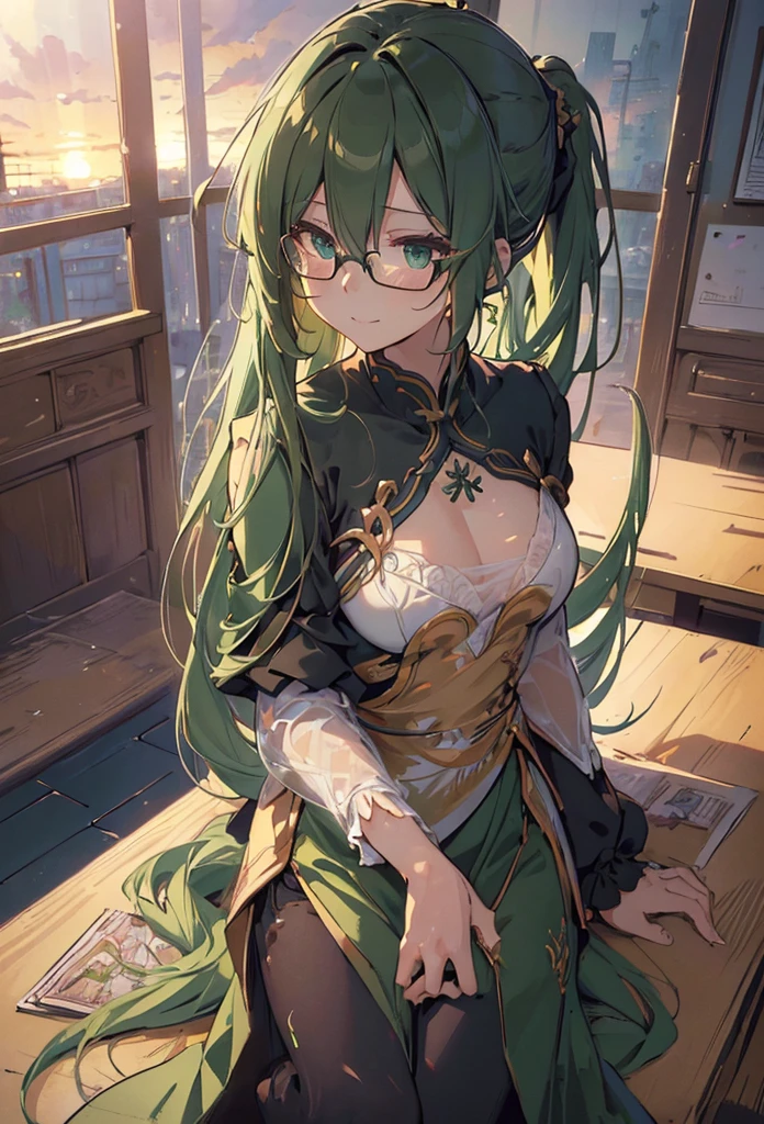 (((Masterpiece))),(((Best quality))),(((Amazing detail))),((illustration)),((A high resolution)),((8K)),((Anatomically correct)),Green long hair, High ponytail,Delicate hair,a matural female,black-frame glasses,Light smile,adjusting eyewear,angle of view,Anime,Depth of field,Classroom Background,Sunset,Soft light,From above,Lens flare