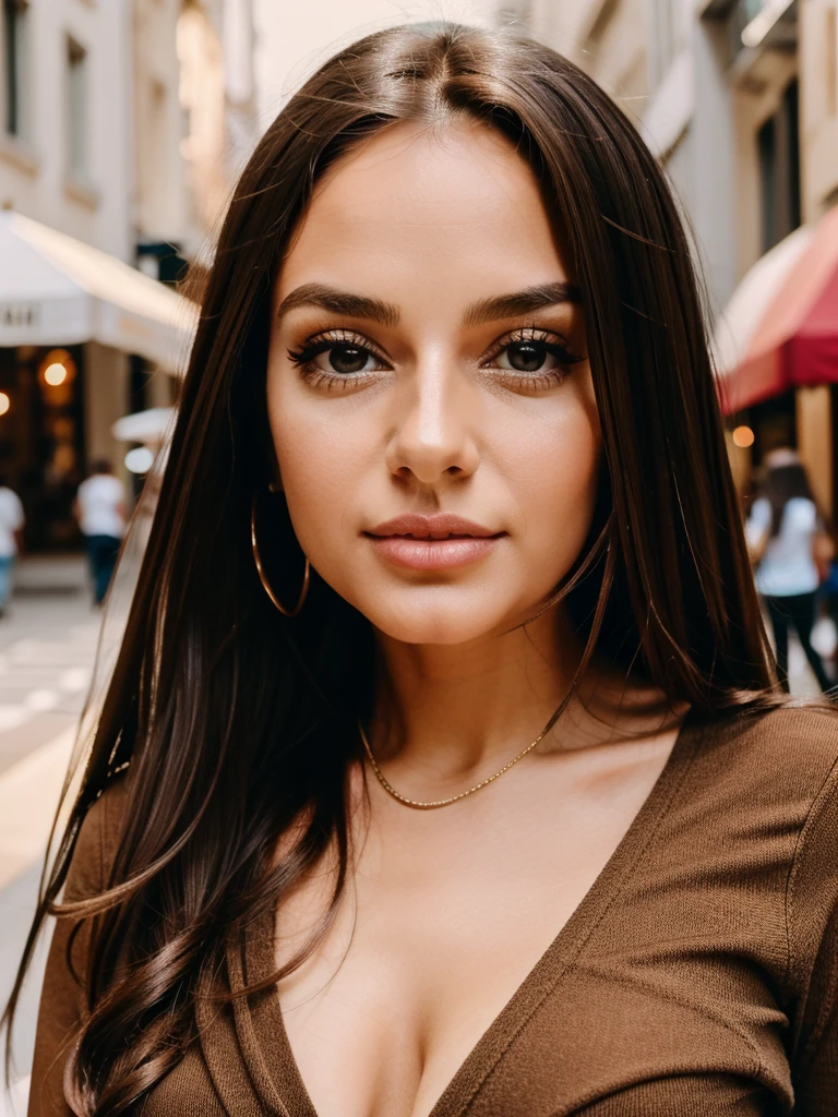 Sexy woman, Albanian, 30 years, cute, neat face, detailed, small neat nose, neat plump lips, big eyes, brown eyes, Alice Milano, long hair, curly hair, natural shine, chocolate hair, portrait, focus on face, gorgeous, city girl,western, hot girl, shopping in the city, (masterpiece), best quality, high resolution, extremely detailed, depth of field