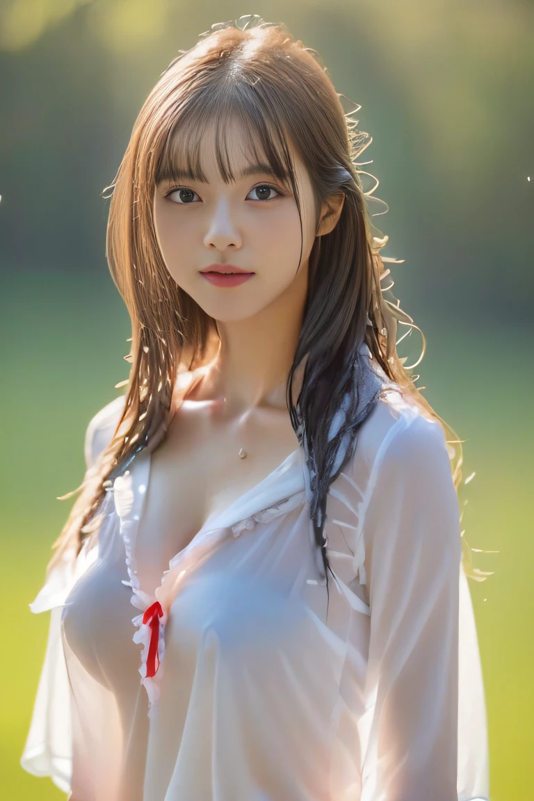 ((1girl in:2)), ((1screen)), in 8K, RAW shot, of the highest quality, Masterpiece, photos realistic, ((Anatomically correct proportions: 1.5)), (Sexy proportions), (Shot from above the knee: 1.2), Detailed face, Detailed eyes, Detailed fingers, Detailed skin, Detailed legs, (((short torso: 2.2))), (huge tit: 1.5), (( Heavy rain)), ((High school girl standing in rainy schoolyard: 1.5)), , ((Standing soaking wet: 1.5)), ((Poses that fascinate men: 1.5)), (((Hairy hair, Wet bangs, Wet and glowing skin, Blouse that sticks to wet skin: 2))), ((No bra: 2)), (((Wet and sheer girls' school blouse: 2))), (((You can see the protrusion of the nipple on the chest: 2.2))), ((Schoolgirl blouse with red ribbon: 1.5)) , Wet school skirt