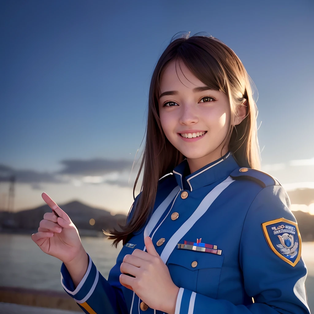 one cute girl in uniform, (masterpiece, best quality:1.2), ultra high res, (photorealistic:1.4), detailed skin, cinematic lighting, friendly, intelligent, conversation engaging, happy, kind, energetic, cheerful, creative, with sparkling eyes and a contagious smile