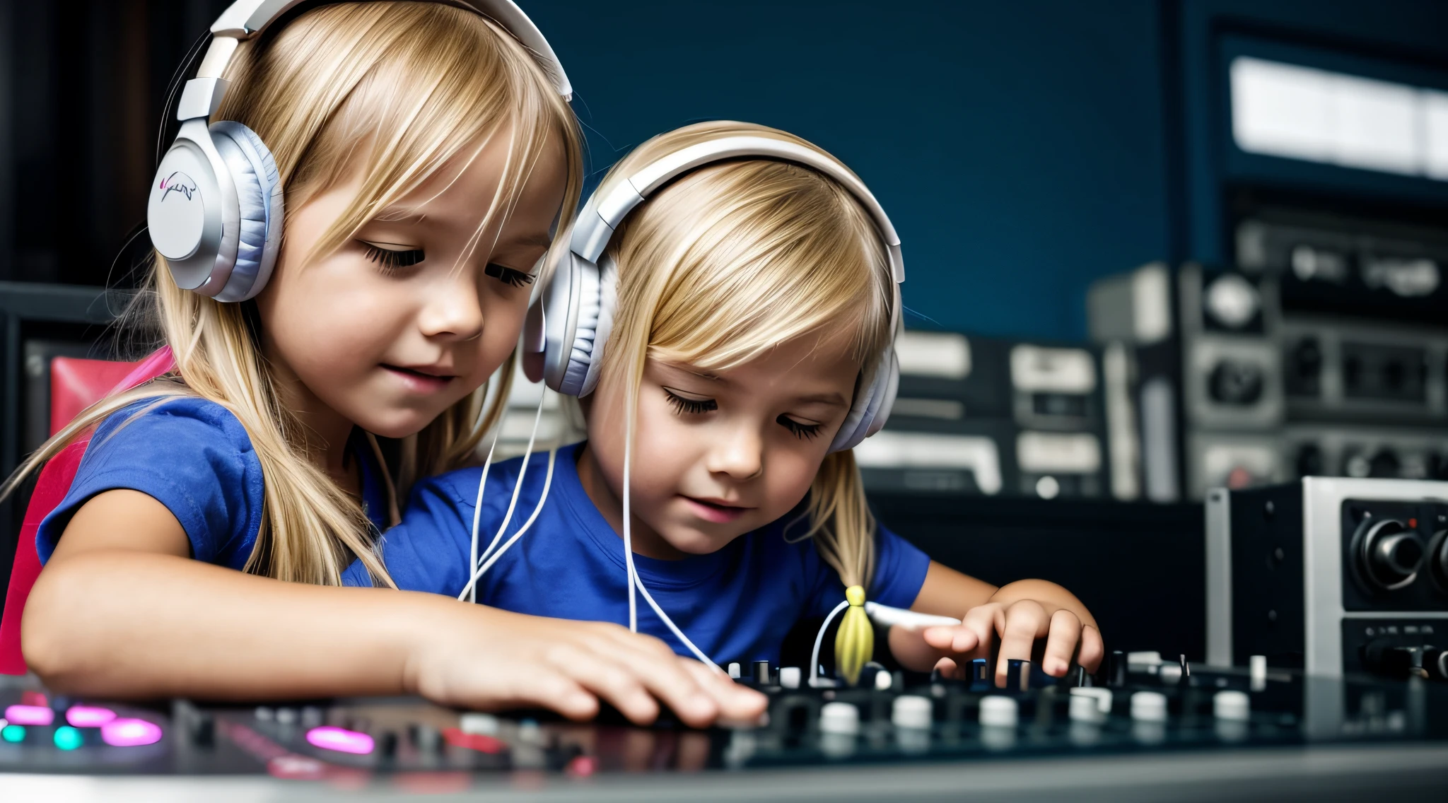Image of a CHILD BLONDE girl with headphones playing music, Atom and Evil, DJ,