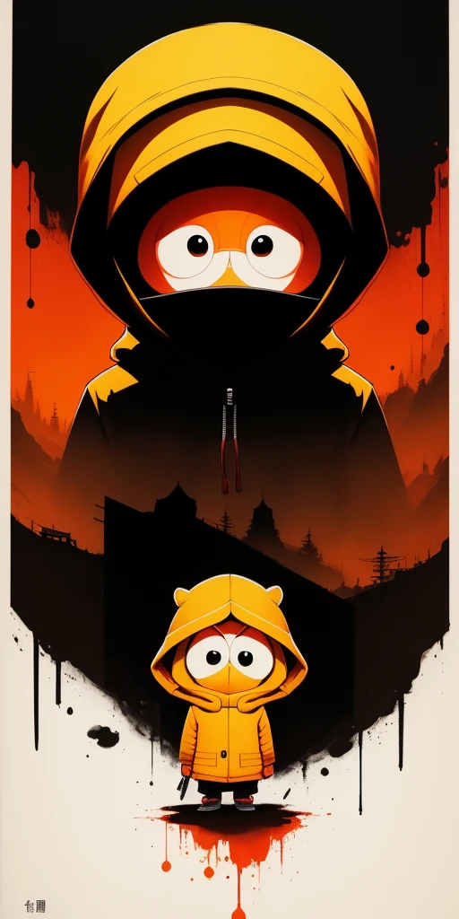 (masterpiece, best quality: 1.2), Kenny McCormick, negative space, Kin Jung-Gi, ink painting, colorful traditional Chinese colors, Chinese motifs, (sad), looking at the viewer, color saturation, bright colors, neon