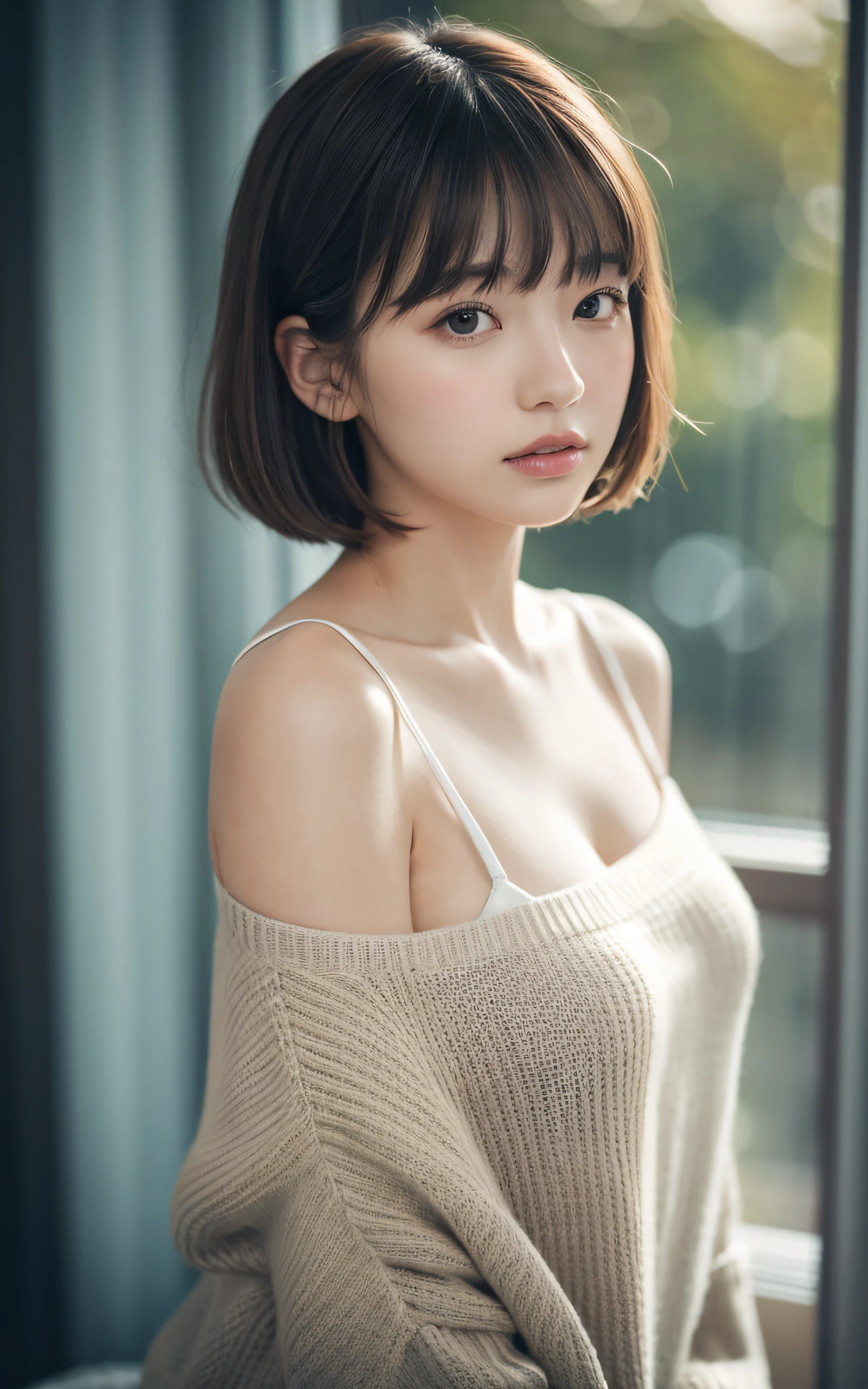masterpiece, Best Quality, 8K, 20 yo, Large breast, cuddly, Solo, sad, Cute, Girly, Delicate girl, Neat and clean beauty, Raw photo, Professional Photography, Portrait, Soft light, Professional Lighting, Back lighting, Upper body, Looking away, Sophisticated, Film grain, (Eyes and faces with detailed:1.0), short length floating hair, beautiful flowing hair, bangs, sweater,
