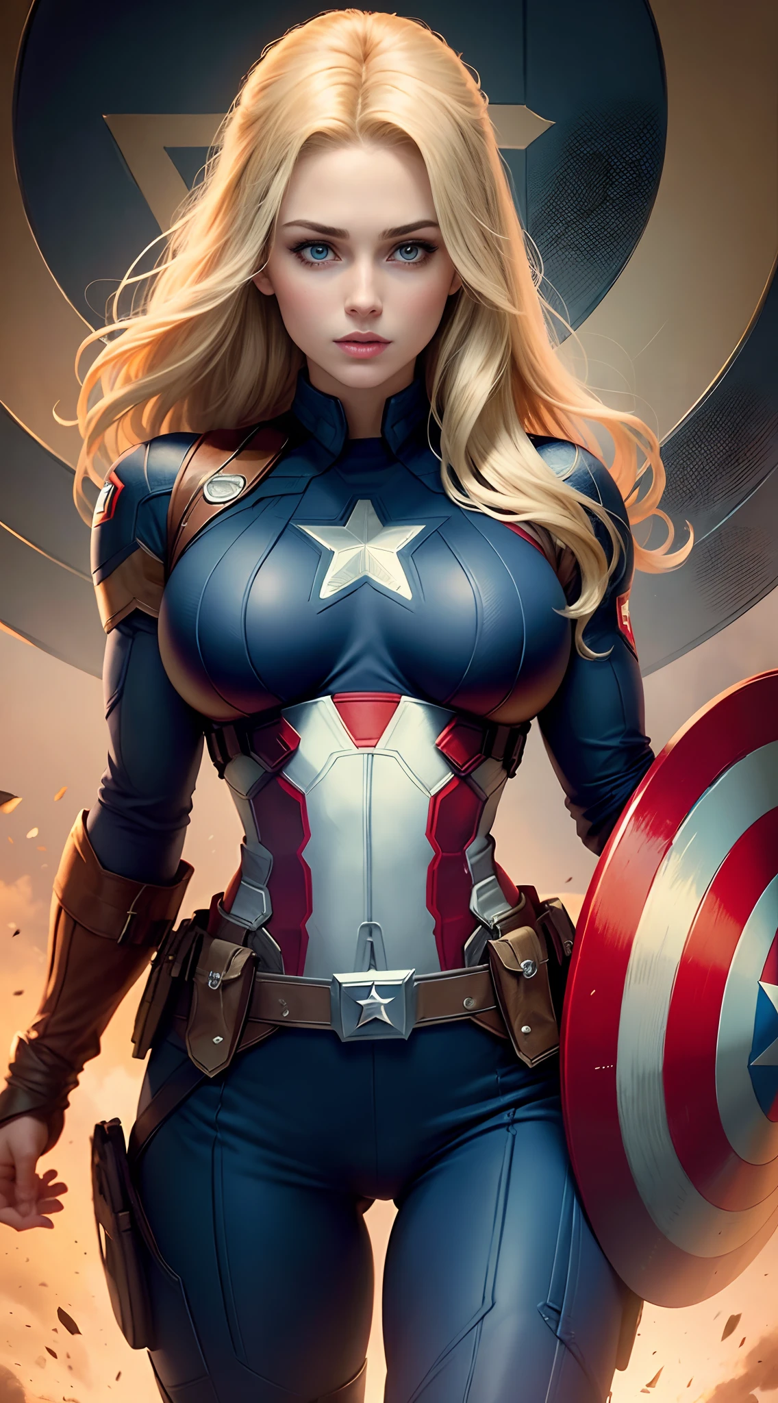 Elsa-Captain America Fusion, Captain America's Clothes, Cabelos brancos da Elsa, melting, 1girl, Latex bodysuit, Captain America's Shield, Beautiful, (master part:1.2), (melhor qualidade:1.2), ((pose de luta)), ((campo de batalha)), cinemactic, olhos perfeitos, pele perfeita, perfect lighting, sorrir, luz, cor, pele texturizada, detalhe, Beleza, maravilha, ultra-detalhado, rosto perfeito
