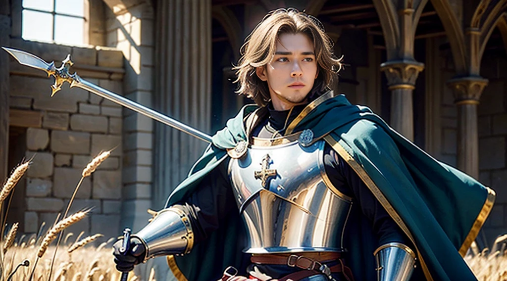 Best picture quality,Master masterpieces,Natural light and shadow,Medieval fields,Ears of wheat like gold,Light and shadow at dusk,Feudal male knight in front of the cross,A handsome ager,with short golden hair,blue color eyes,Carolingian plate armor,Carolingian Crown,dark Red cloak,Hold the rapier with both hands,Get down on half a knee,Epic scenario,Eternal,Brilliant。