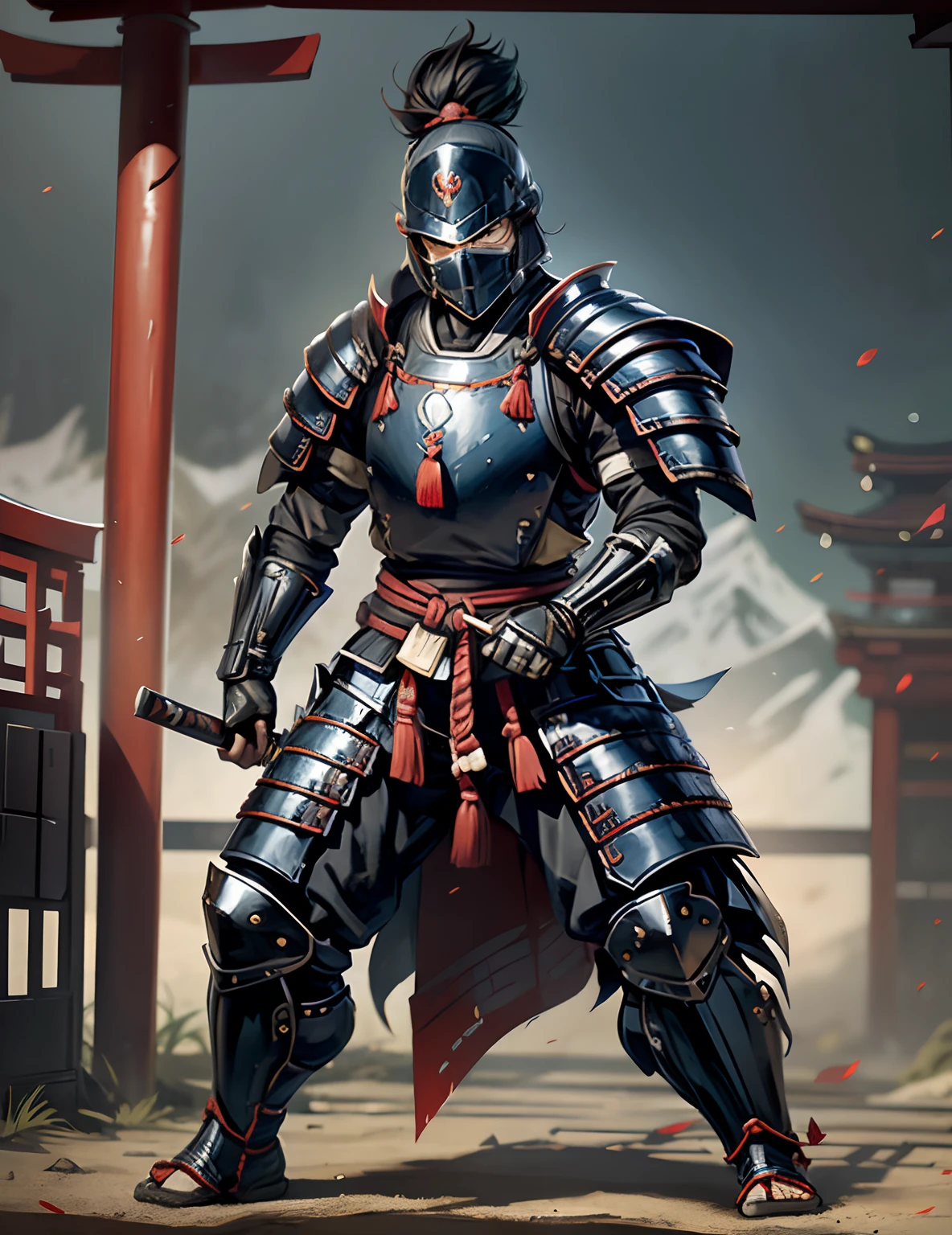 Samurai in Japan wear masks,No helmet, Urban Samurai, epic image, Era,Frontal photo,Extremely meticulous,full armour,frontal photos,relaxing,No helmet,Bunched hair,Black armor,Broken armor,The body is not clean,bleed,Combat posture,On the battlefield,Standing posture,preparing to fight,Noodles