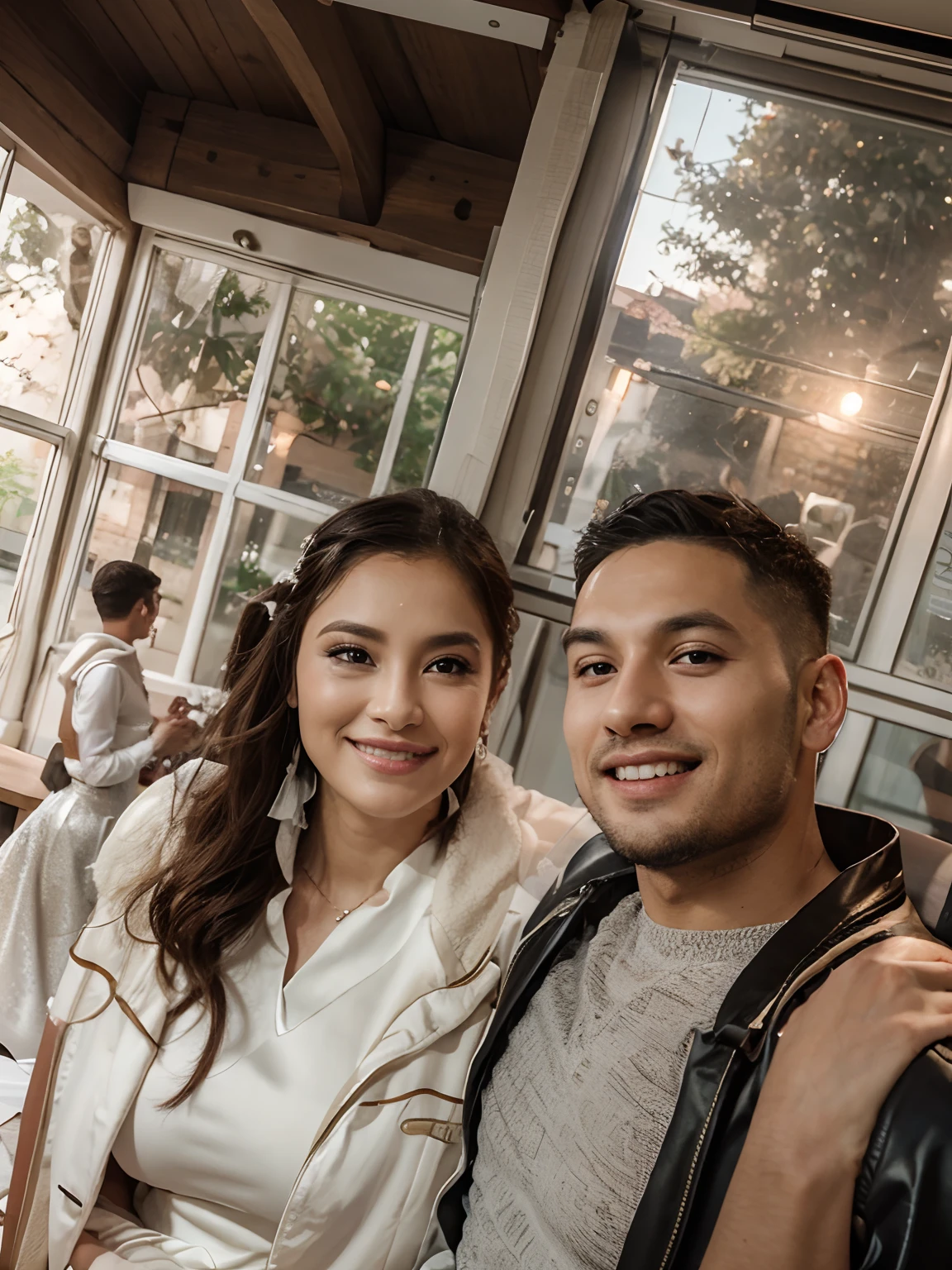 smiling couple taking selfie in front of a colorful wall, charli bowater and artgeem, charli bowater, inspired by Glòria Muñoz, very very low quality picture, profile image, cynthwave, nighttime!!, they are in love, profile picture, pokimane, miranda cosgrove, 💋 💄 👠 👗, nighttime!