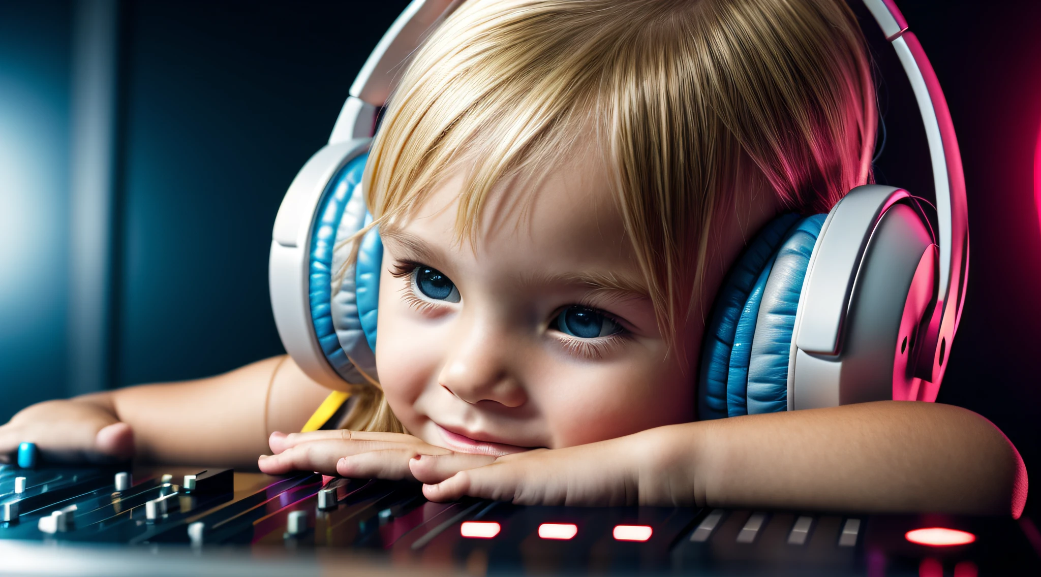 Image of a CHILD BLONDE girl with headphones playing music, Atom and Evil, DJ,