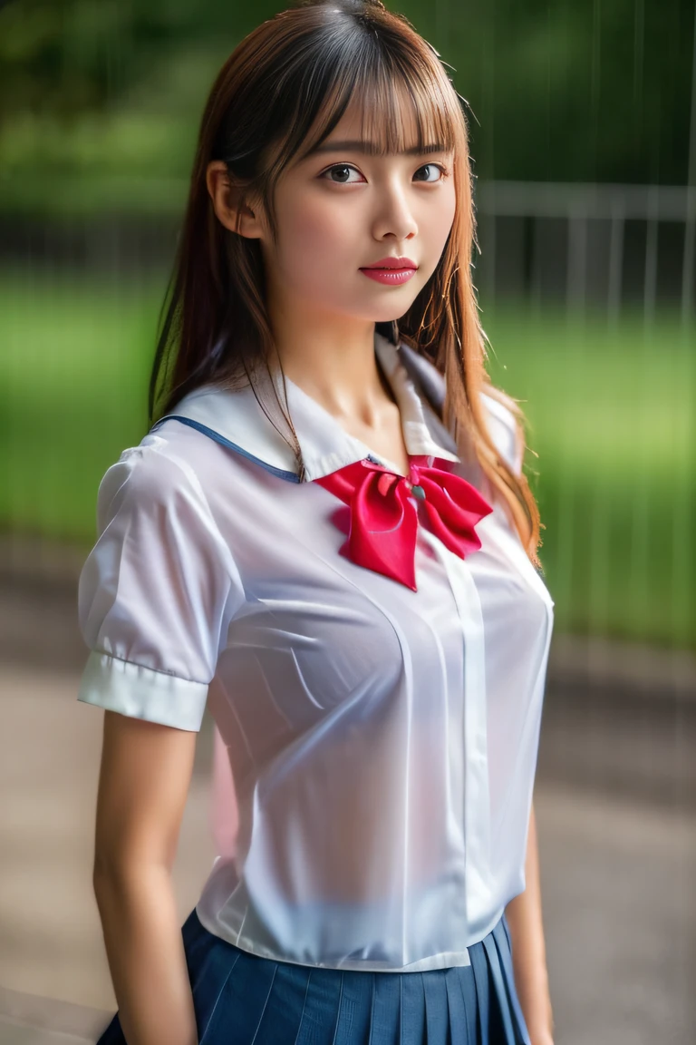 ((1girl in:2)), ((1screen)), in 8K, RAW shot, of the highest quality, Masterpiece, photos realistic, ((Anatomically correct proportions: 1.5)), (Sexy proportions), (Shot from above the knee: 1.2), Detailed face, Detailed eyes, Detailed fingers, Detailed skin, Detailed legs, (((short torso: 2.2))), (huge tit: 1.5), (( Heavy rain)), ((High school girl standing in rainy schoolyard: 1.5)), , ((Standing soaking wet: 1.5)), ((Poses that fascinate men: 1.5)), (((Hairy hair, Wet bangs, Wet and glowing skin, Blouse that sticks to wet skin: 2))), ((No bra: 2)), (((Wet and sheer girls' school blouse: 2))), (((You can see the protrusion of the nipple on the chest: 2.2))), ((Schoolgirl blouse with red ribbon: 1.5)) , Wet school skirt