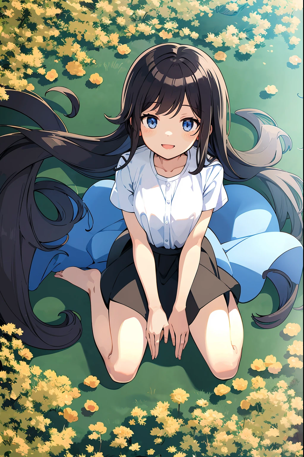 flower fiels, animw girl, black long hair, blue eyes, smile, white shirt, black skirt, barefoot, lying on the ground, top view