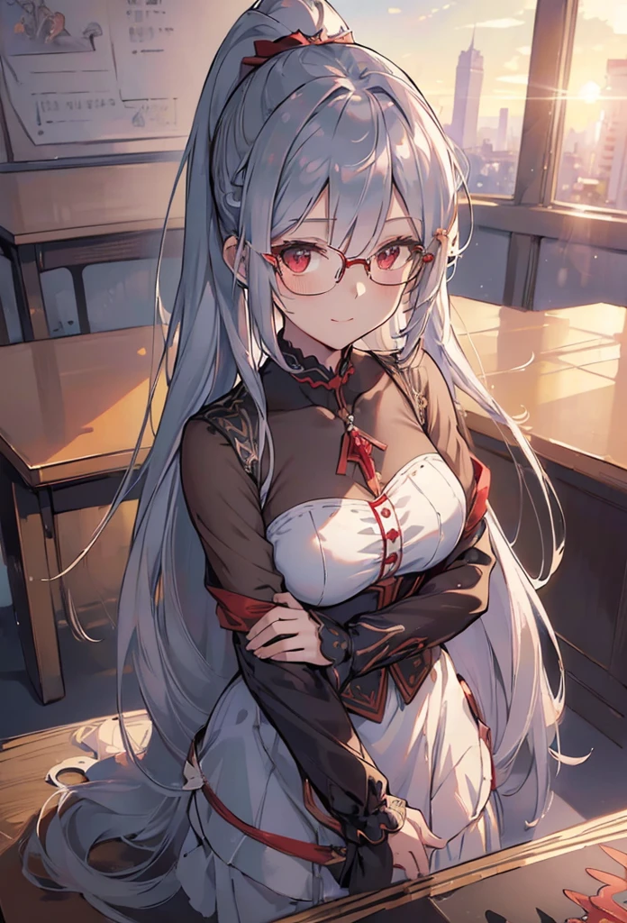 (((Masterpiece))),(((Best quality))),(((Amazing detail))),((illustration)),((A high resolution)),((8K)),((Anatomically correct)),Silver long hair, red eyes, High ponytail,Delicate hair,a matural female,black-frame glasses,Light smile,adjusting eyewear,angle of view,Anime,Depth of field,Classroom Background,Sunset,Soft light,From above,Lens flare