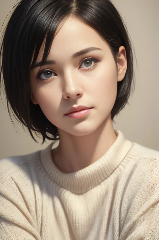 (masterpiece:1.3), (8k, photorealistic, RAW photo, best quality: 1.8), (1girl), beautiful face, (realistic face:1.7), (black hair, short hair:1.3), beautiful hairstyle, realistic eyes, beautiful detailed eyes, (realistic skin), beautiful skin, (sweater), absurdres, attractive, ultra high res, ultra realistic, highly detailed, golden ratio