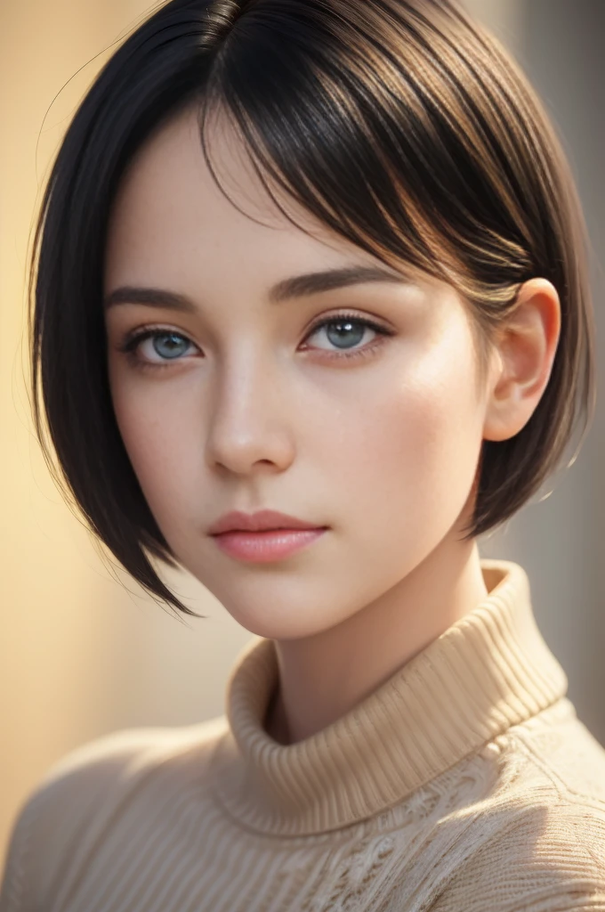 (masterpiece:1.3), (8k, photorealistic, RAW photo, best quality: 1.8), (1girl), beautiful face, (realistic face:1.7), (black hair, short hair:1.3), beautiful hairstyle, realistic eyes, beautiful detailed eyes, (realistic skin), beautiful skin, (sweater), absurdres, attractive, ultra high res, ultra realistic, highly detailed, golden ratio