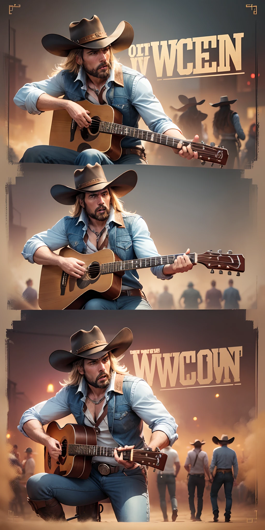 action poster for "Kevin McCree's Wild West Show Down" guitar showdown with dancing cowgirls,  Saturday Night Live Music hecis a handsome blonde cowboy hero --auto --s2