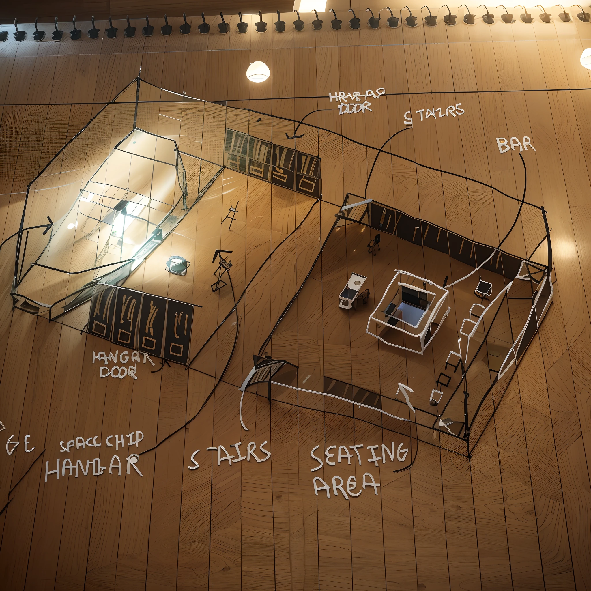 Isometric cutaway, starship hangar and stage and bar and bar seating