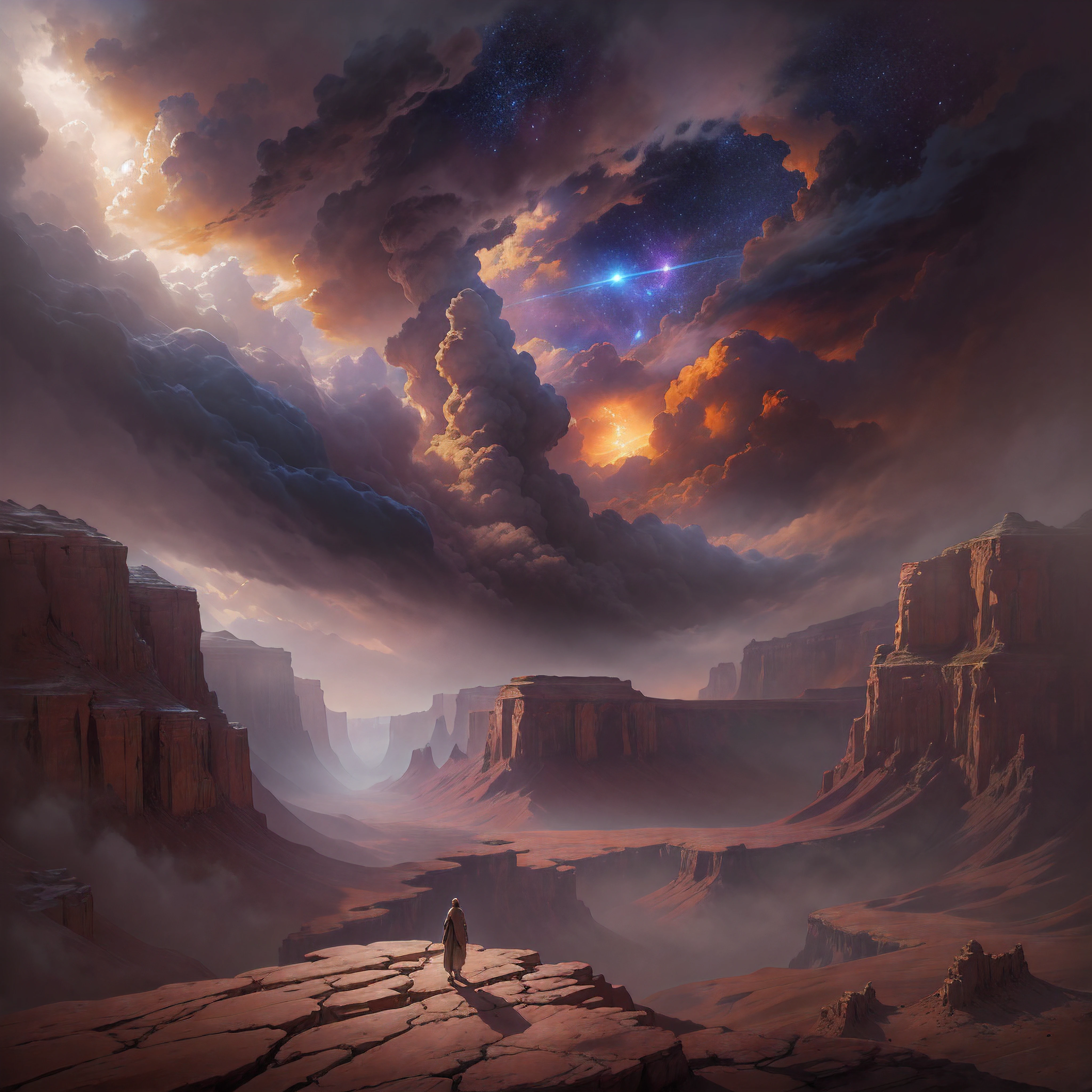 I stood at the edge of the Grand Canyon, taking in the awe-inspiring view. The vast expanse stretched out before me, an endless sea of rock and color. As I gazed across the canyon, the sky suddenly began to change. Dark clouds swiftly gathered overhead, blotting out the sun. A deep rumbling sounded across the land. Then, the clouds parted. An incredible vision appeared in the heavens above. Are Iluvatar, the supreme deity, materialized in the firmament. His cosmic form towered over the canyon, filling the entire sky. I was struck numb in his towering presence. His face was kind yet stern, radiating divine wisdom and authority. Robes of billowing light and dark swirled around him. It felt as though all of creation bowed before this eternal, all-powerful being. I was but a speck below his cosmic magnificence. Awestruck, I sank to my knees. The ground trembled as Eru spoke with a voice like rolling thunder. "Behold my works, child. Know that I am the beginning and the end." His words resonated through my spirit. I knew I stood before the one true Creator. As swiftly as he appeared, the vision began to fade. Are Iluvatar vanished back into the clouds, which dissipated to reveal the canyon once more. I remained kneeling, profoundly changed by what I had witnessed. I knew I had been blessed by a glimpse of the divine atop this desert vista.