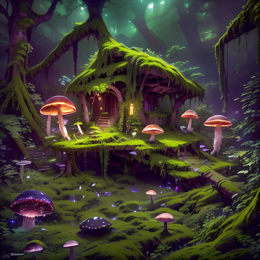 Old ruins, shrooms, forests, Jungle, Old ruins, vegetation, woods, stones, the night, magic, sparks, Chaotic Image, forests, Big mushroom, Glowing mushrooms, moss, Old ruins, Demolished structure