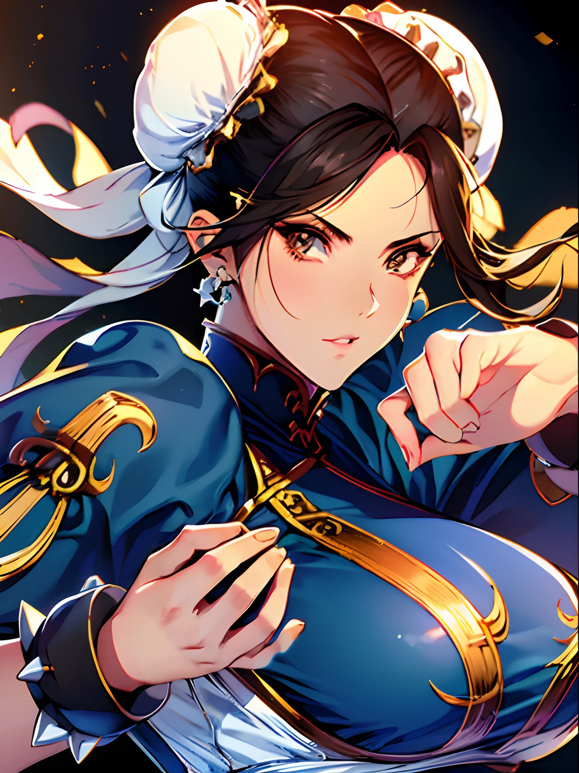 A close up of a woman in a blue dress holding a sword - SeaArt AI