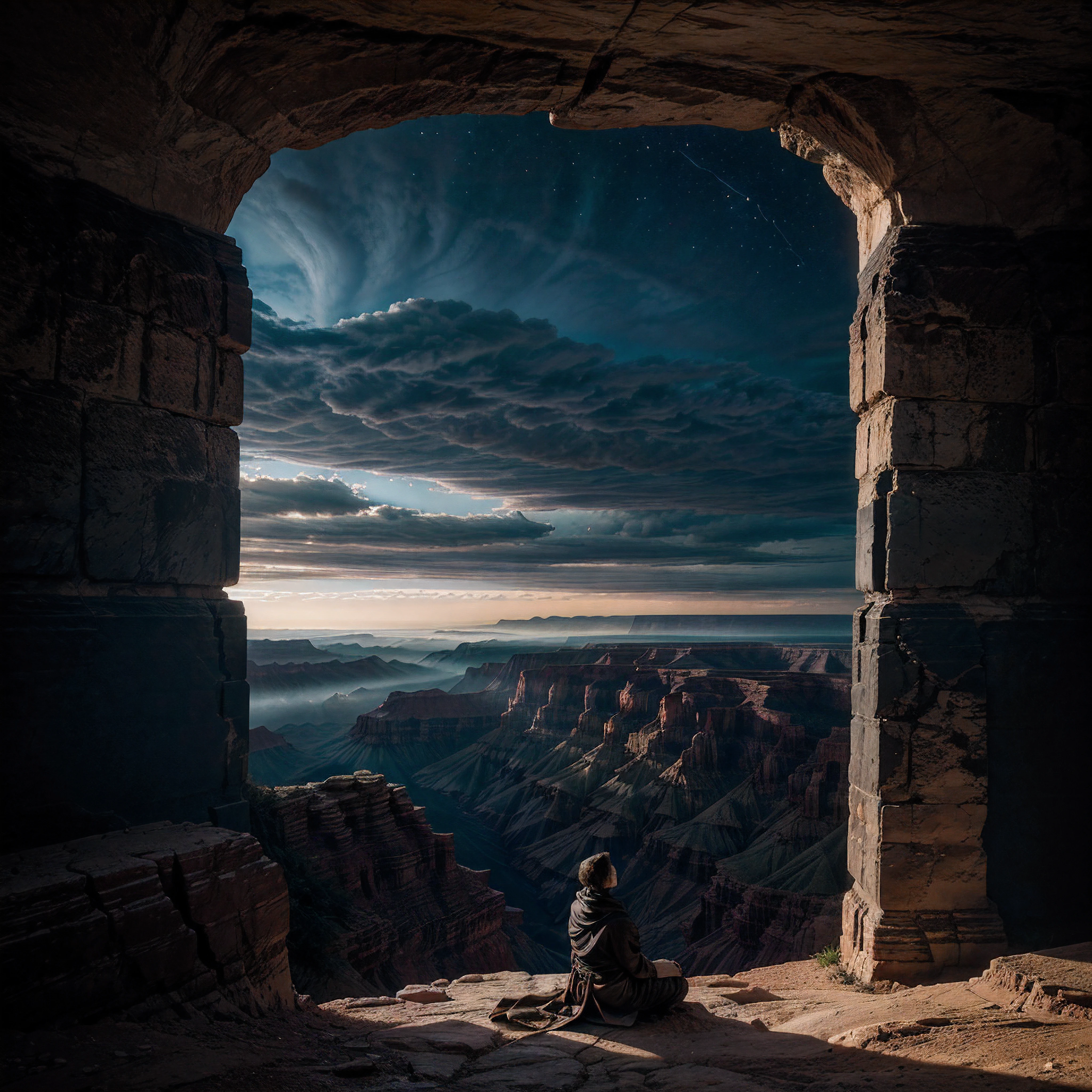 I stood at the edge of the Grand Canyon, taking in the awe-inspiring view. The vast expanse stretched out before me, an endless sea of rock and color. As I gazed across the canyon, the sky suddenly began to change. Dark clouds swiftly gathered overhead, blotting out the sun. A deep rumbling sounded across the land. Then, the clouds parted. An incredible vision appeared in the heavens above. Are Iluvatar, the supreme deity, materialized in the firmament. His cosmic form towered over the canyon, filling the entire sky. I was struck numb in his towering presence. His face was kind yet stern, radiating divine wisdom and authority. Robes of billowing light and dark swirled around him. It felt as though all of creation bowed before this eternal, all-powerful being. I was but a speck below his cosmic magnificence. Awestruck, I sank to my knees. The ground trembled as Eru spoke with a voice like rolling thunder. "Behold my works, child. Know that I am the beginning and the end." His words resonated through my spirit. I knew I stood before the one true Creator. As swiftly as he appeared, the vision began to fade. Are Iluvatar vanished back into the clouds, which dissipated to reveal the canyon once more. I remained kneeling, profoundly changed by what I had witnessed. I knew I had been blessed by a glimpse of the divine atop this desert vista.