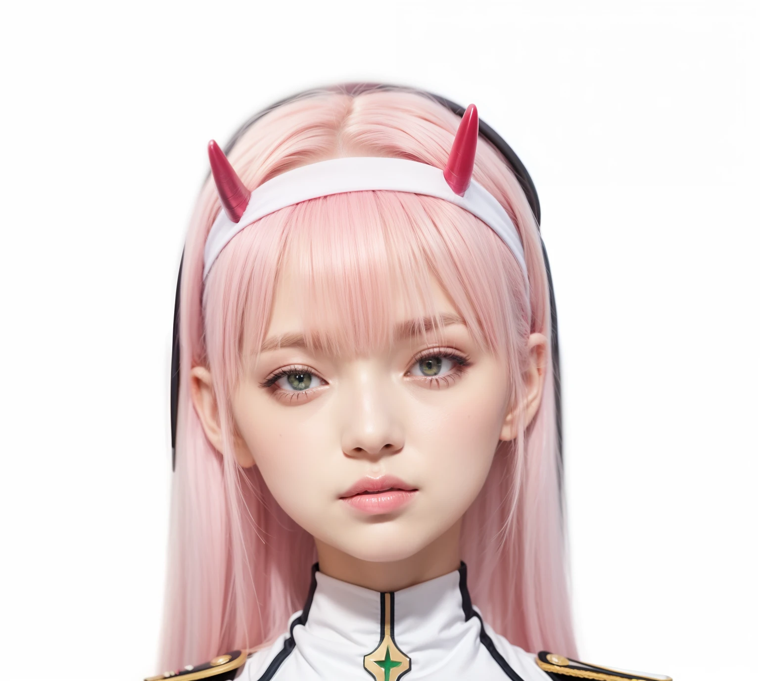 Arafed girl with pink hair and green eyes in uniform, zero two, wear white headband with small red horn