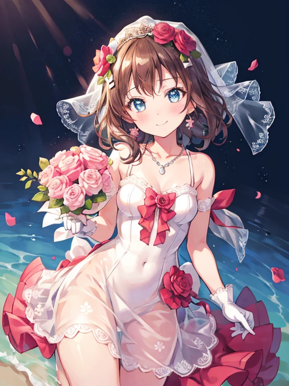 ultra-detailed, illustration, 1girl, ksm, dress, bouquet, flower,  jewelry, veil, wedding_dress, necklace, smile, hair_ornament, earrings, rose, gloves, hair_flower, pink_rose,small breasts,