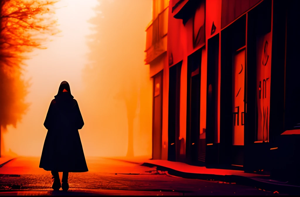 a very strange dark figure wearing a black hood and red glowing eyes on a dark street covered in fog, solo, glowing, red eyes, 1girl