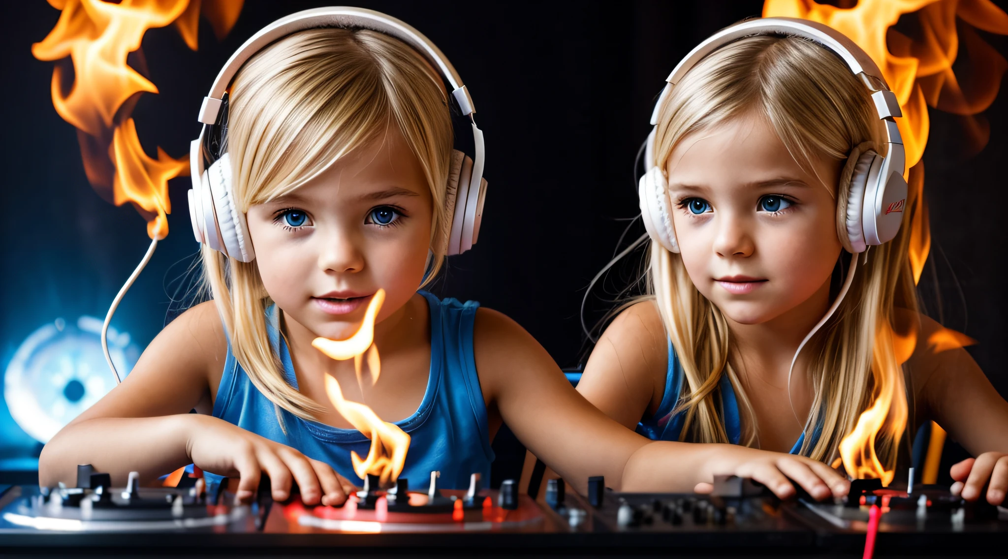 Image of a CHILD BLONDE girl with headphones playing music, Atom and Evil, DJ, fire and FIRE , FLAMME, BURN , FOGO,